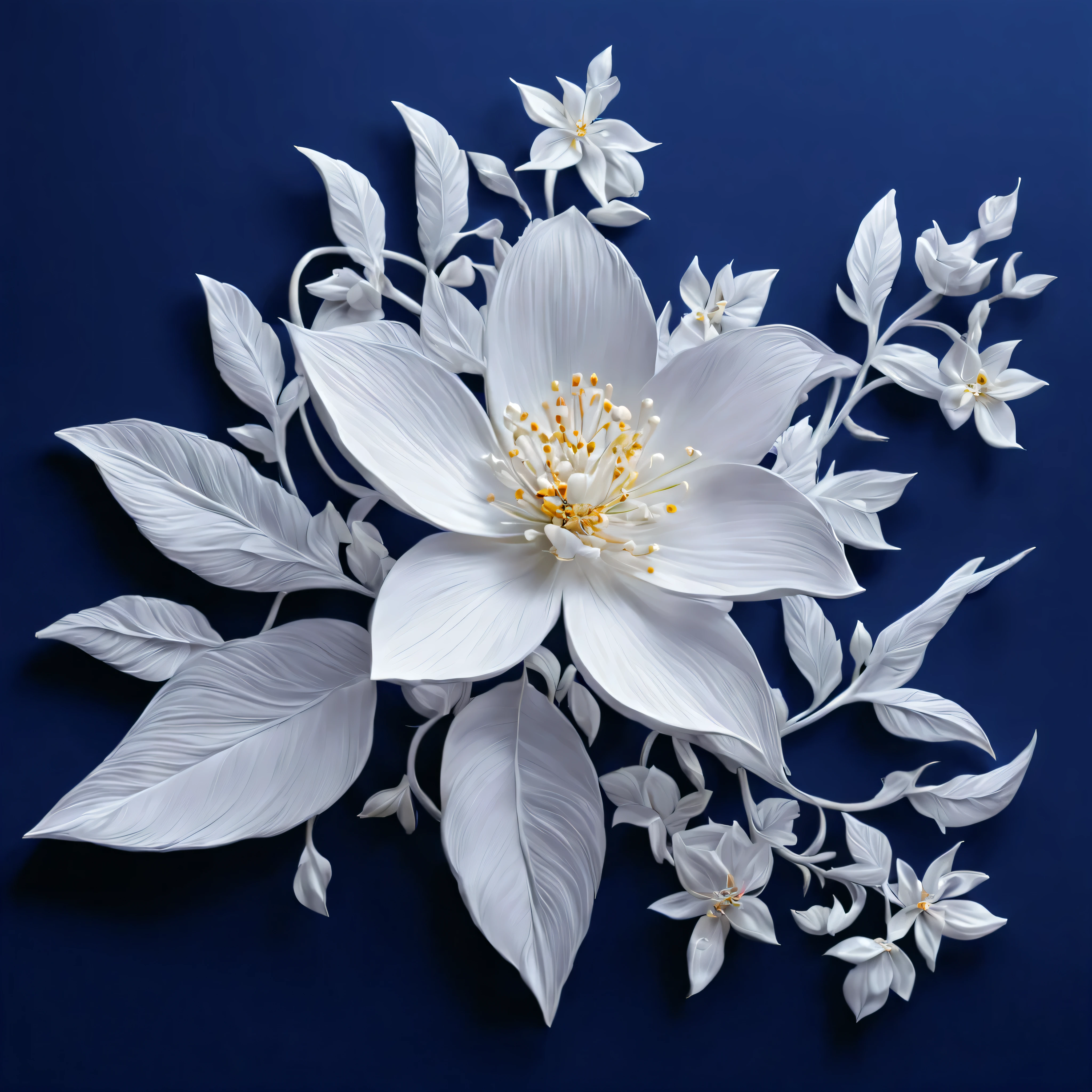 1 jasmine flower, white, There are vines..., Sharp fins, 3D high relief, Thai pattern sculpture, The most beautiful, best quality, high definition, smooth, Aluminum, color contrast, glow, dark blue background