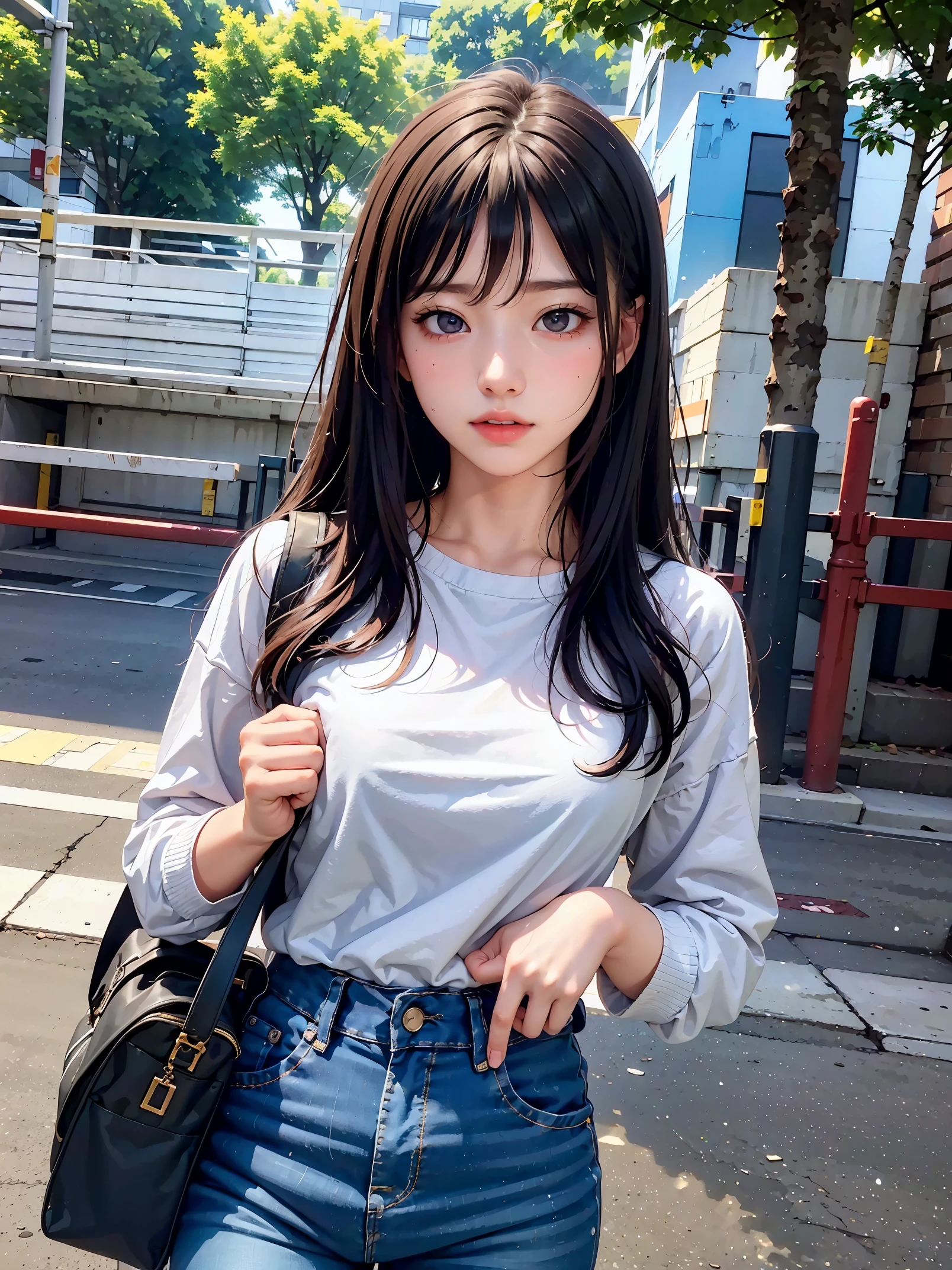 masterpiece、High resolution、detailed skin、detailed eyes、high school girl、outside the school building、exchange greetings、casual clothes、Wearing jeans、detailed background