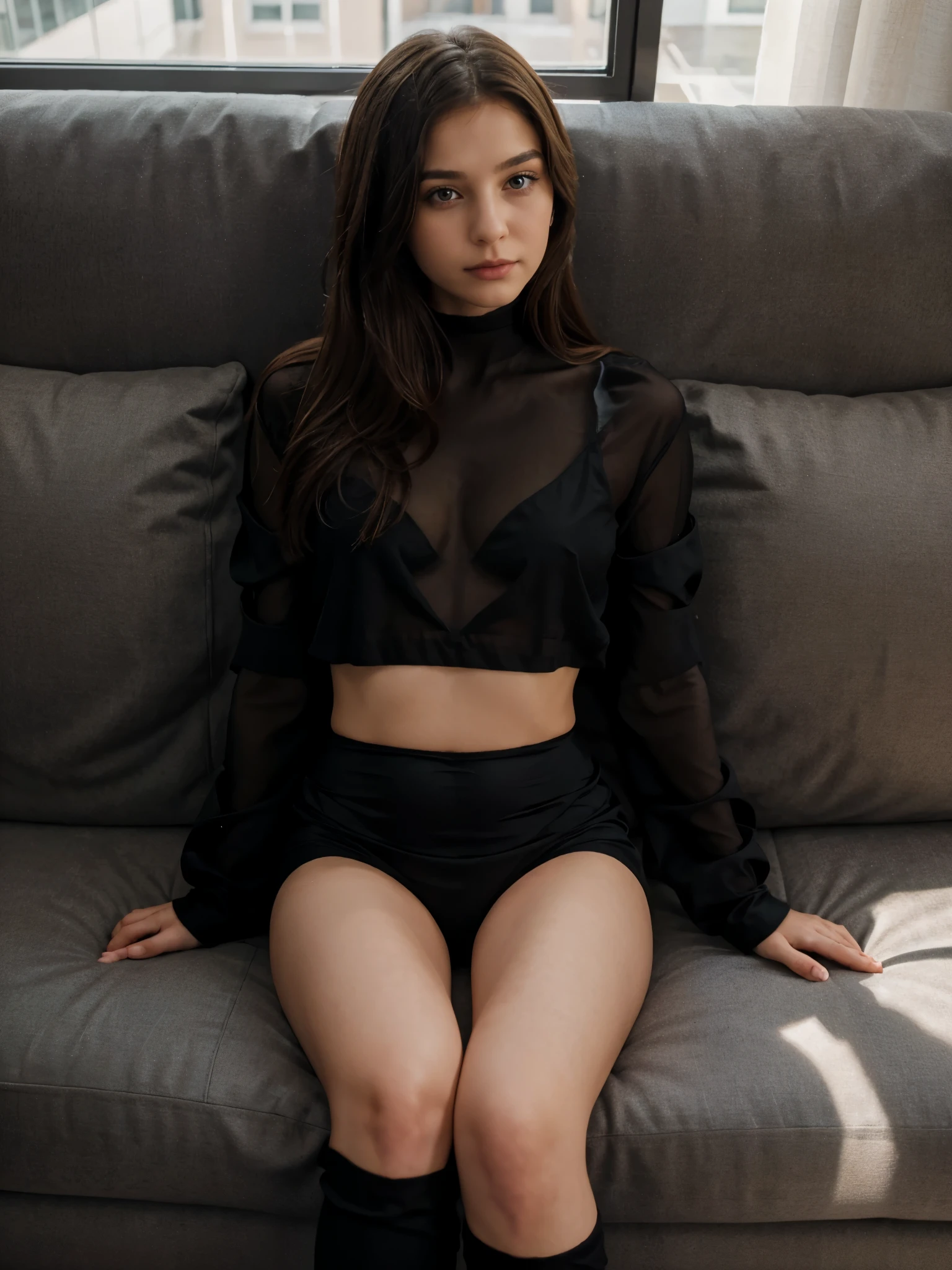 1girll,Sit on a comfortable sofa,Cross ed leg,Soft light,Black silk