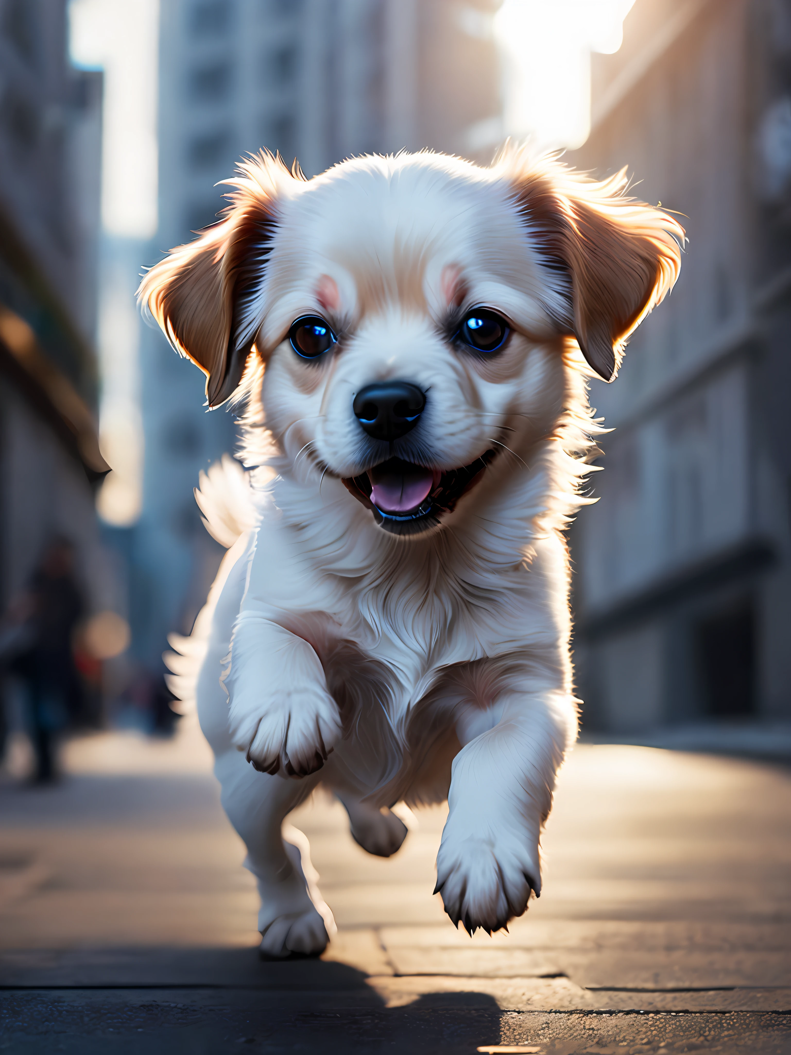 Close-up photo of a very cute jumping puppy on the street, white, soft volumetric light, (backlight: 1.3), (movie: 1.2), intricate details, (ArtStation: 1.3), Rutkowski