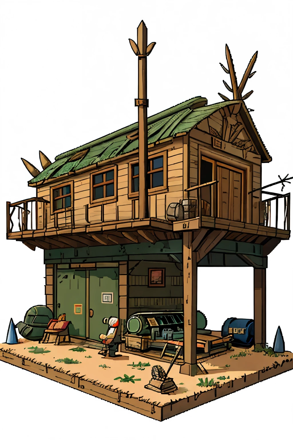 pixel,the girl writes,wanderer in robes, in the cabin of the plane,Small wooden table,sitting on a wooden chair, ruined area, (destroyed house), (sharp iron spikes, tires,barbed wire,Masked wanderer, Reading,potted plant,spear sticks behind your back,((apocalypse style garage,buggy)),sand,White background,(((big iron military , bridge, hangar)))
