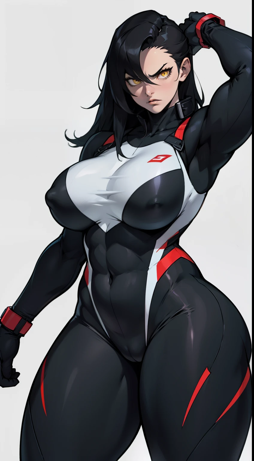 best quality best quality best quality black hair yellow eyes pale skin muscular huge breasts thick thighs angry solo extremely long hair girl body suit highly detailed highly detailed thick thick