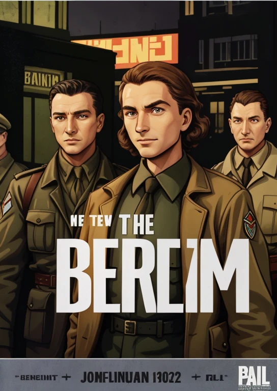 there are many people standing together in a poster, berlin, by Karl Pümpin, set in ww2 germany, berlin 1 9 4 5, berlin 1 9 8 2, berlin city, inspired by Karl Pümpin, point-and-click adventure game, official illustration, by Pál Böhm, game poster