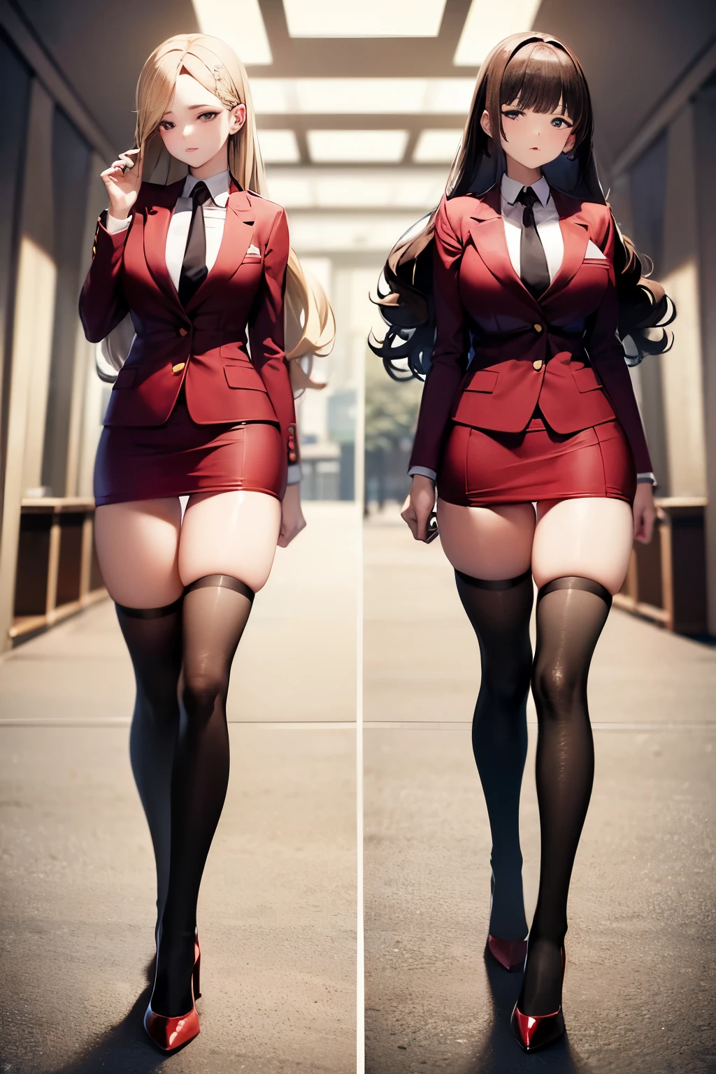 ((masterpiece, best quality, 8k, highres:1.2)), red skirt suit, highleg, hazel eyes, red blazer, neckties, medium breasts, red pencil skirt, white thighhighs, white thighhigh socks, black high heels, (curly hair, long hair, one brown haired sister, one blonde sister), (2girls, duo, twins, clones), ((matching hairstyles, different hair color, matching faces, matching outfit, full body