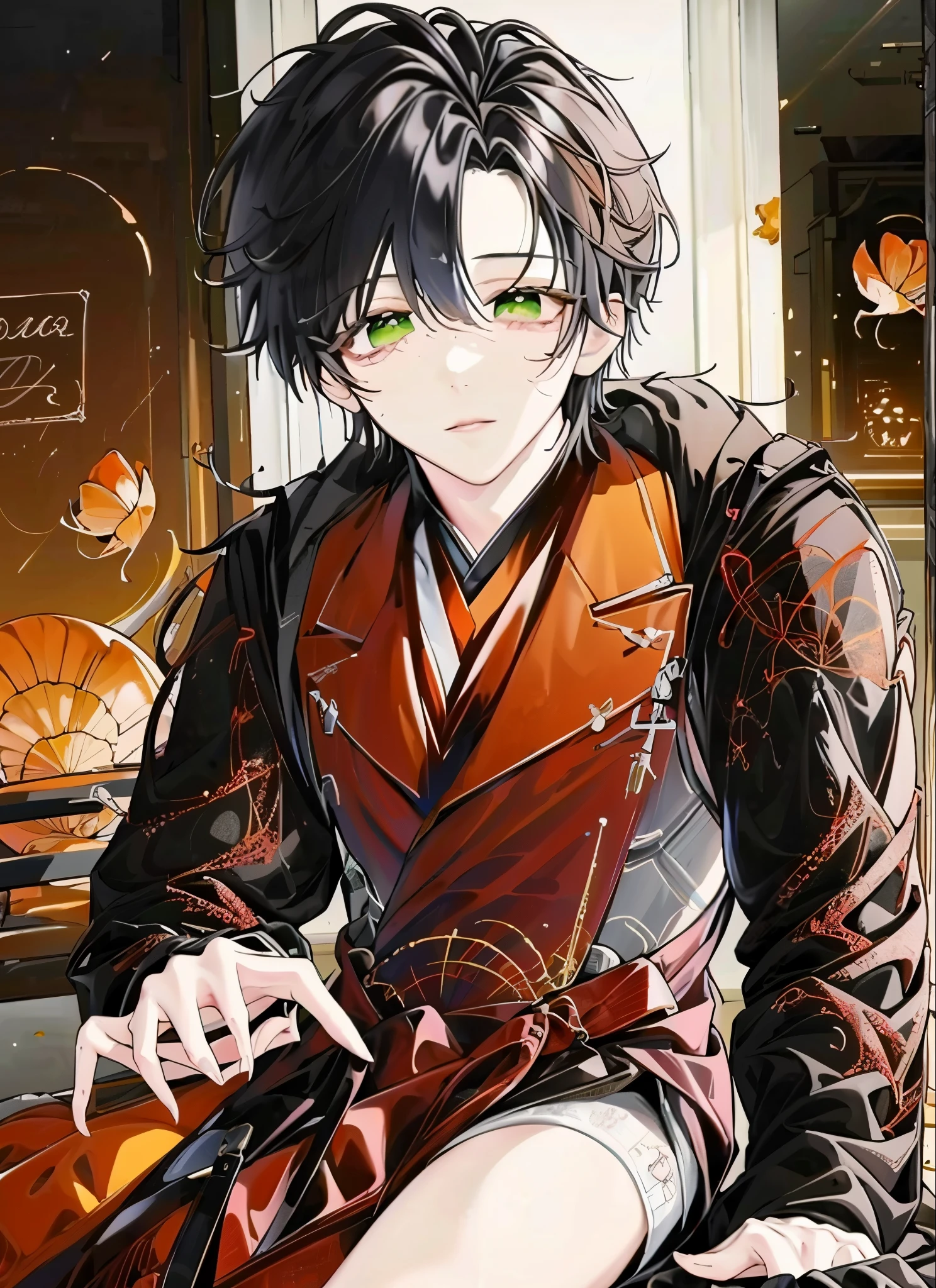 (best quality, high resolution, ultra detailed), 1 boy, teenager, with black hair and toxic green eyes, very beautiful, dressed in a traditional costume from some oriental country, the clothes have a centipede design, he is surrounded by strange insects, of all sizes, and he has a terrifying look, He seems comfortable with insects, but the atmosphere is terrifying, so he holds what appears to be a black sky