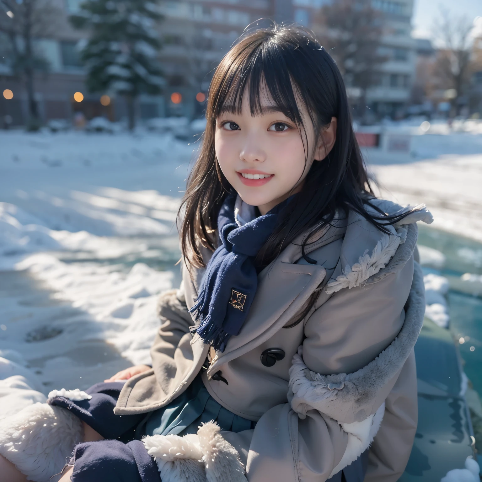 masterpiece、highest quality、super realistic、surreal、Ultra high definition、8k、Raw photo、textured skin、A Nogizaka girl sitting and playing on the snow,(,medium bob hair,bangs,black hair,floating hair,slim,small face,chest is small,thin waist,small ass,smile showing teeth:1.5),(dark blue duffel coat、sailor school uniform、dark blue pleated skirt、super short skirt、burberry scarf、:1.2)、dynamic pose、snowy park、snowman、(Natural light、strong sunlight、Moving the chart, film grain、profile、profile、It&#39;s blurry、full body shot、very long shot、letterbox、negative space、Sigma 85mm F/1.4)、finder