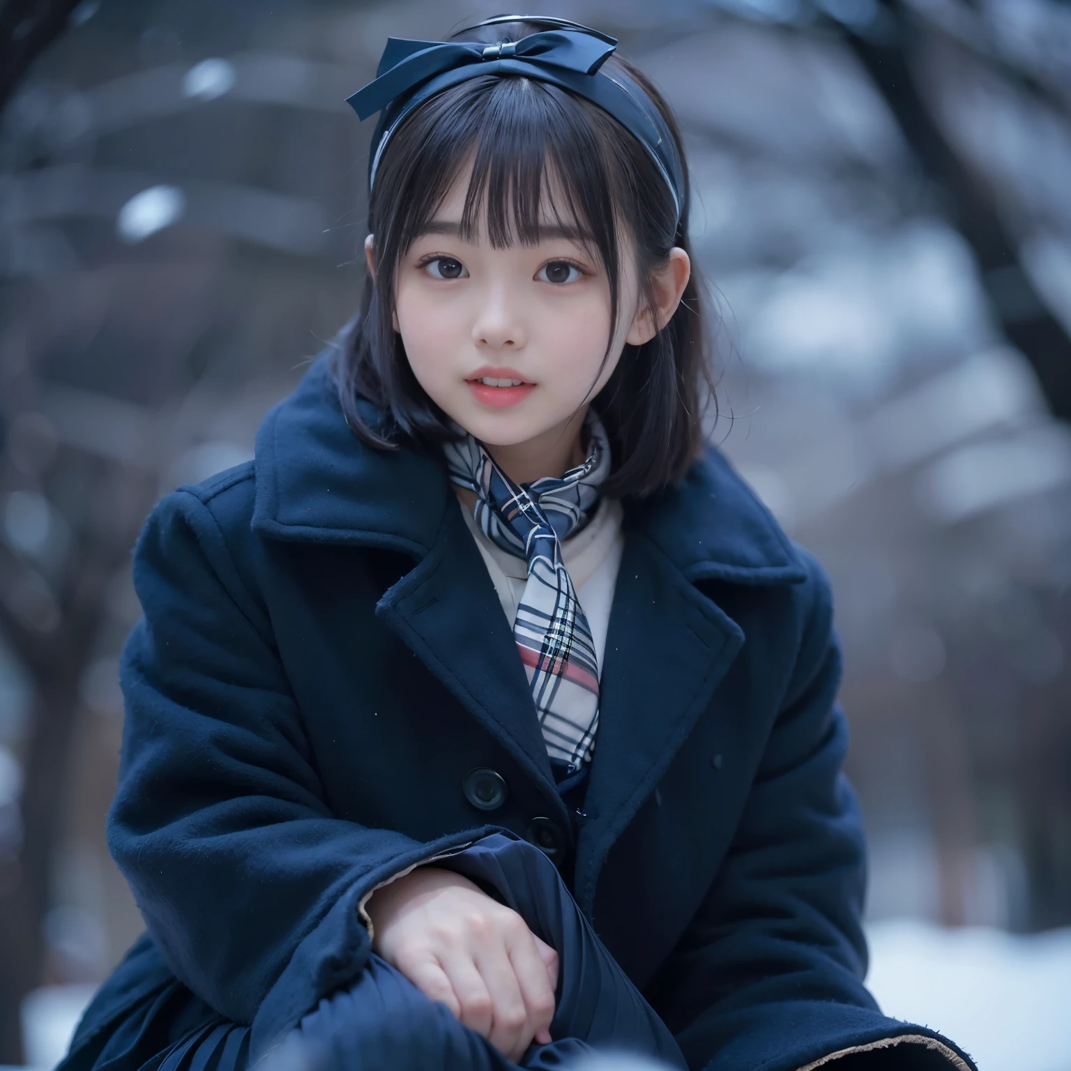 masterpiece、highest quality、super realistic、surreal、Ultra high definition、8k、Raw photo、textured skin、A Nogizaka girl sitting and playing on the snow,(,medium bob hair,bangs,black hair,floating hair,slim,small face,chest is small,thin waist,small ass,smile showing teeth:1.5),(dark blue duffel coat、sailor school uniform、dark blue pleated skirt、super short skirt、burberry scarf、:1.2)、dynamic pose、snowy park、snowman、(Natural light、strong sunlight、Moving the chart, film grain、profile、profile、It's blurry、full body shot、very long shot、letterbox、negative space、Sigma 85mm F/1.4)、finder