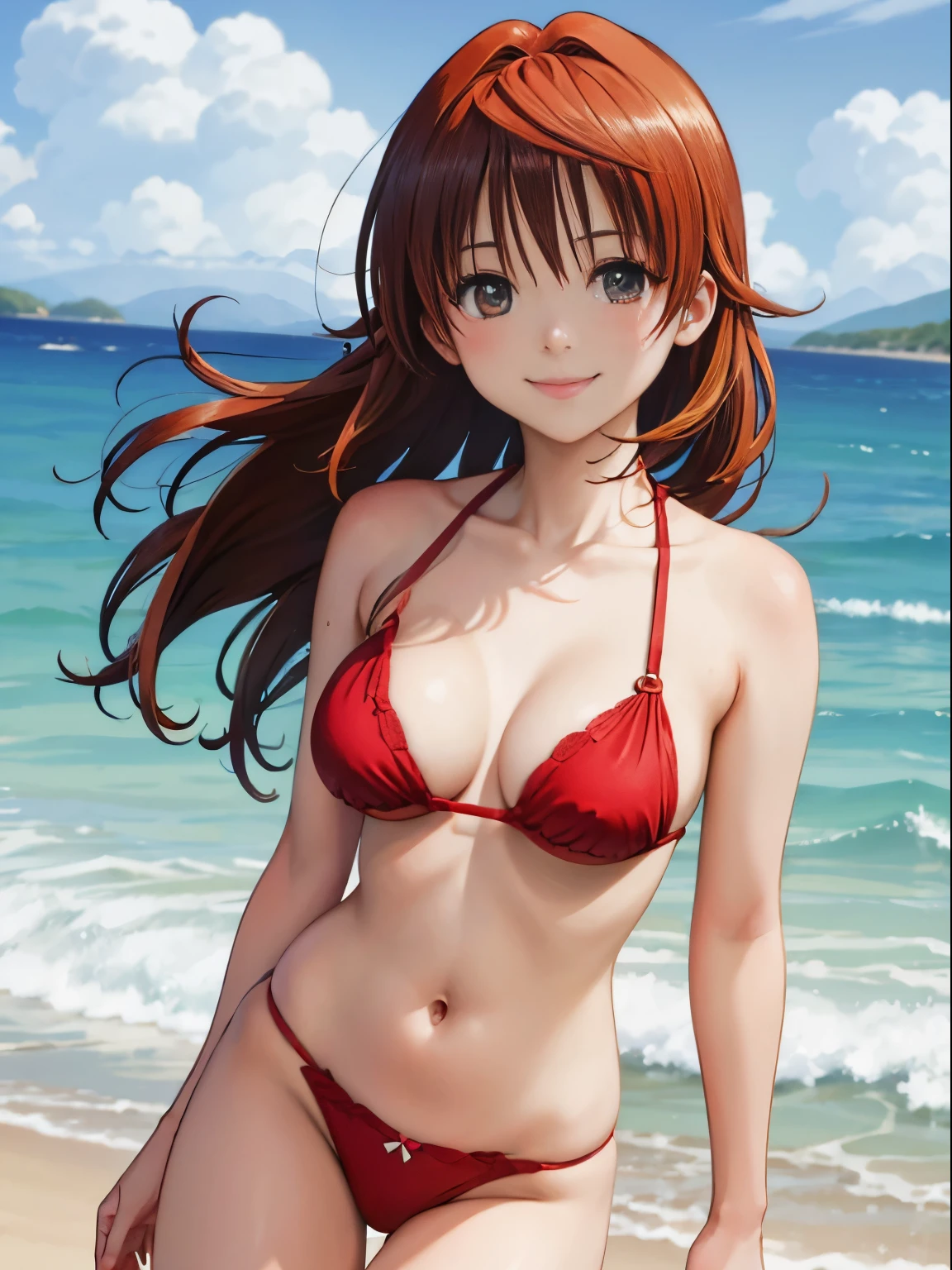 on the beach , smiling face, hand on heads , 40k, photography, masterpiece, best quality, (Riko), medium breast , (red bikini, red shoes), varied poses, sex from behind