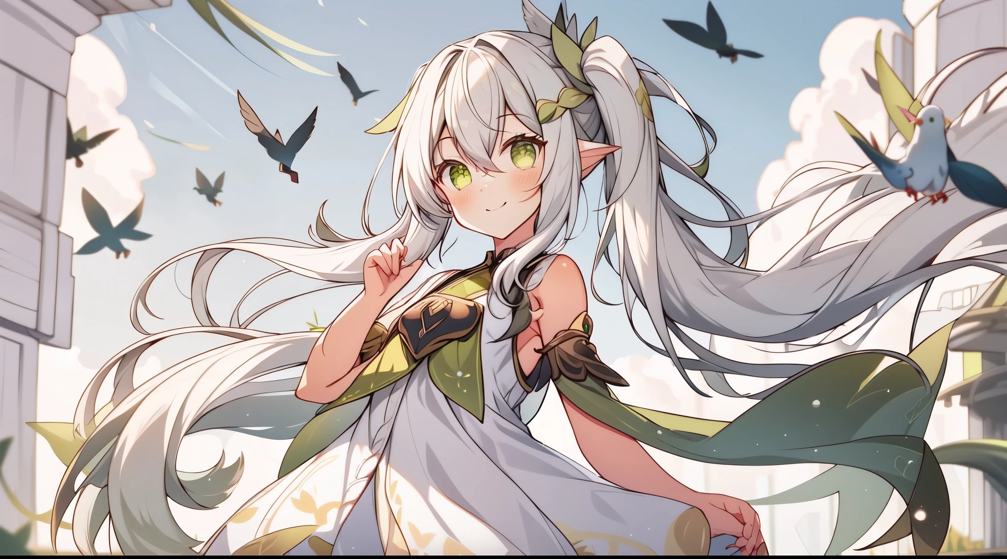 flying at the centre of the sky, bird wings on her back, smile, green eyes, nahida's eyes, solo, Nahida, (white hair), gradient hair, green hair, side ponytail, long hair, banewewegs, flat chest, long white dress, (pointy ears:0.7), CG, skybackground, masterpiece, best quality, thighs, full body, buterflies, extremely details, beautiful hair, 