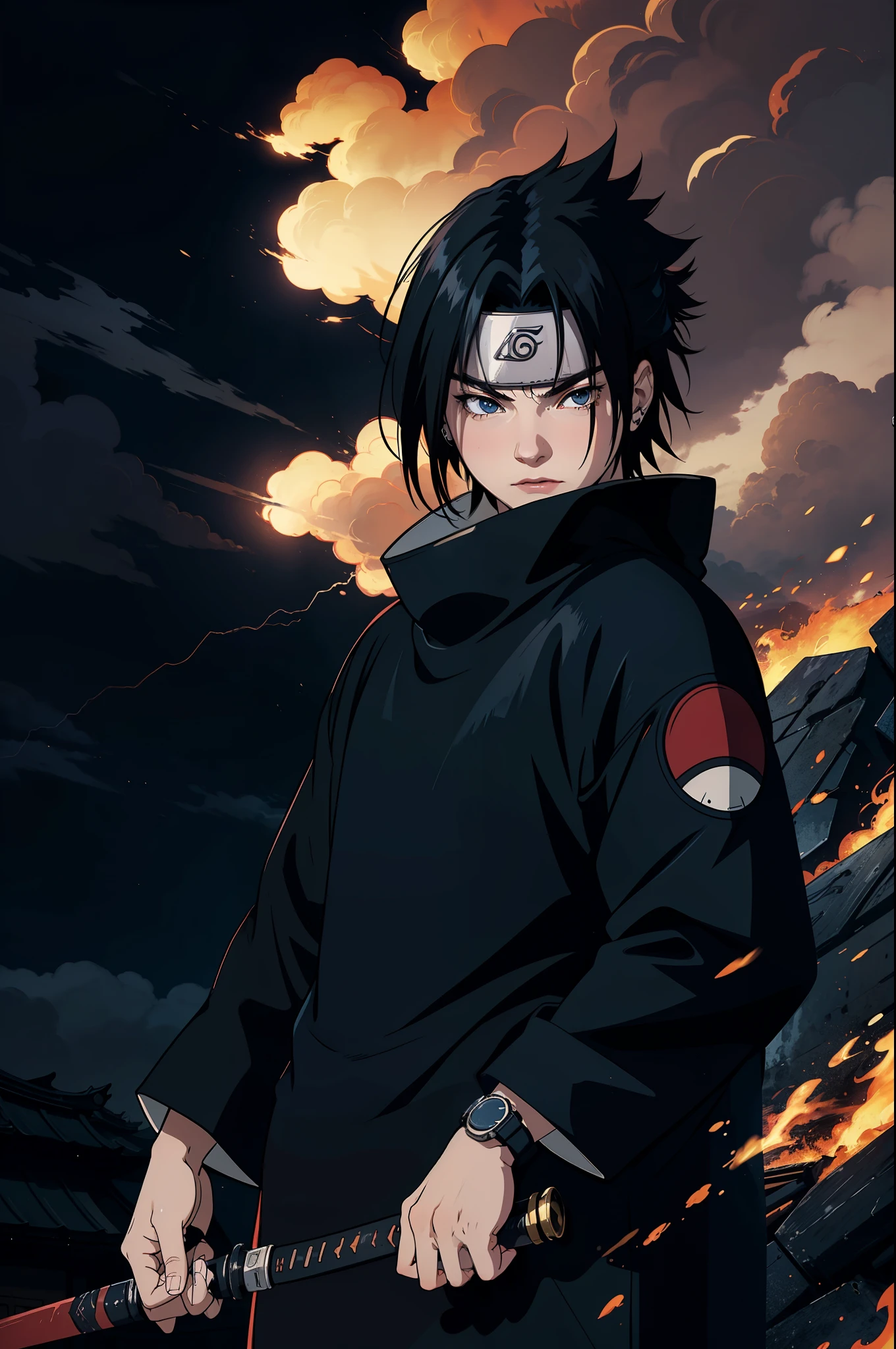 (best quality,highres,realistic:1.2),Uchiha Sasuke,masterpiece,anime,portrait,dark,vivid colors,sharingan,black hair,long and straight hair,expressive eyes,piercing gaze,serious expression,stoic,cool and calm,red and white Uchiha crest on the back,shoulder-length hair,black cloak with high collar and red clouds,traditional Japanese clothing,katana in hand,standing in a dramatic pose,amidst swirling black flames,background of thunderstorm and dark clouds,post-battle scene,strong lighting casting shadows,crackling lightning,haunting atmosphere,sharp focus,extreme detail description