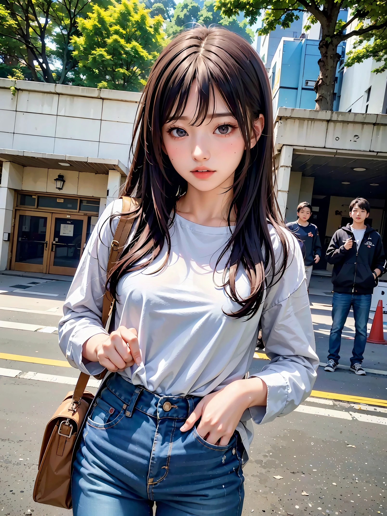 masterpiece、High resolution、detailed skin、detailed eyes、high school girl、outside the school building、exchange greetings、casual clothes、Wearing jeans、detailed background、Left hand in pocket