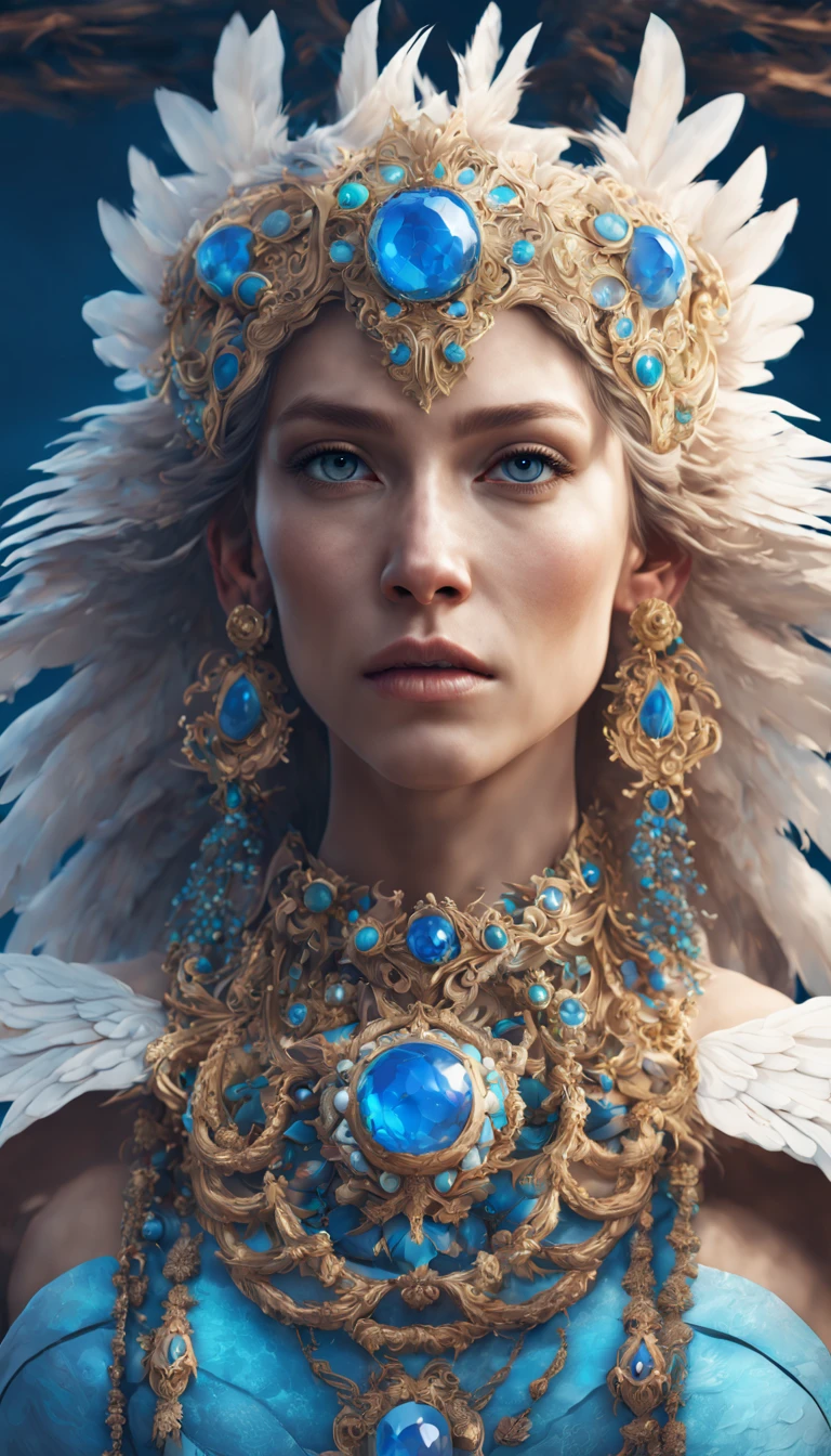 a digital painting of an eagle with blue eyes, unreal engine render + a goddess, very detailed , beeple global illumination, elaborate ornate jewellery, trending on cgisociety, motion graphics, rossdraws global illumination, cgsociety