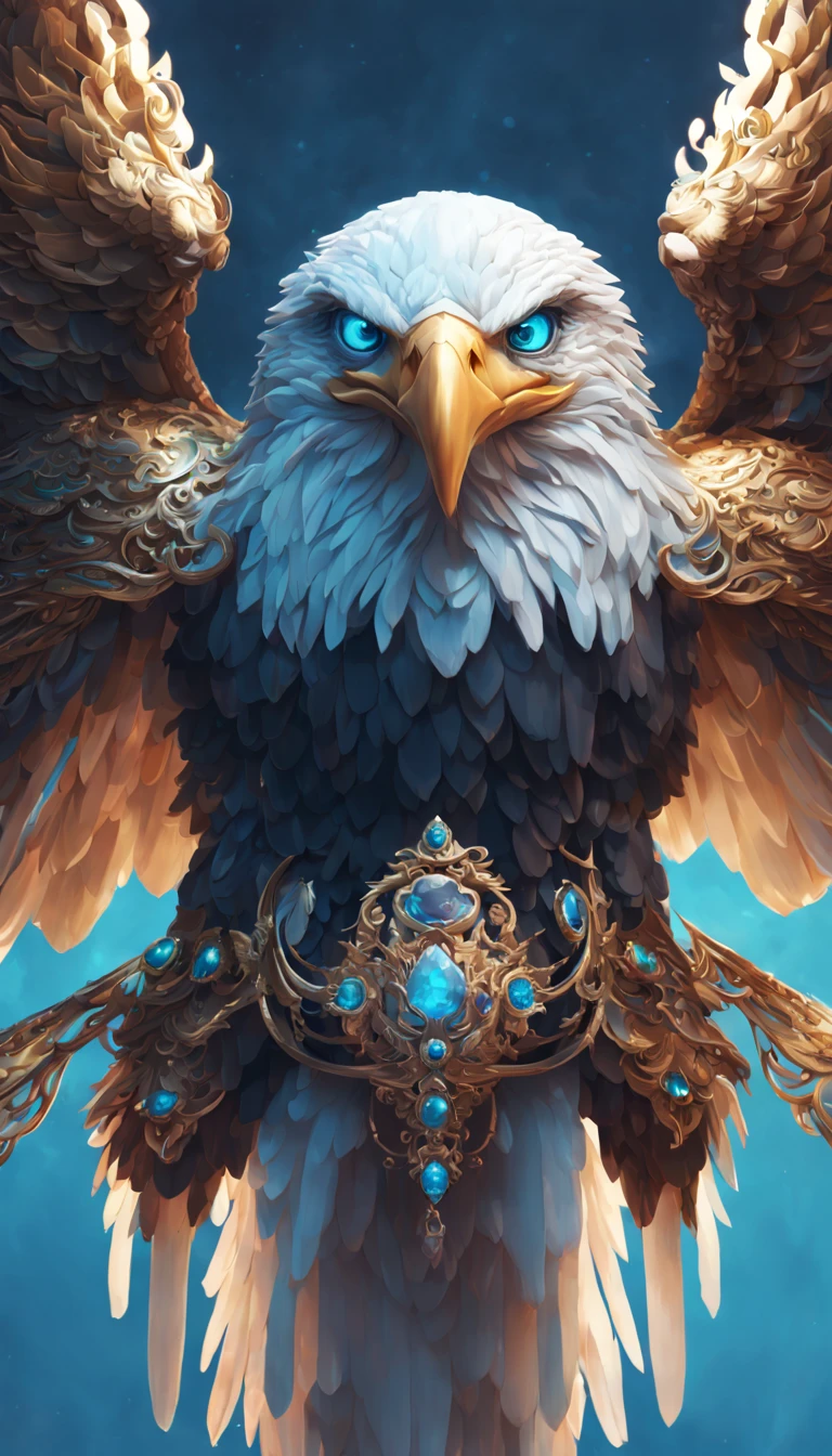 a digital painting of an eagle with blue eyes, unreal engine render + a goddess, very detailed , beeple global illumination, elaborate ornate jewellery, trending on cgisociety, motion graphics, rossdraws global illumination, cgsociety