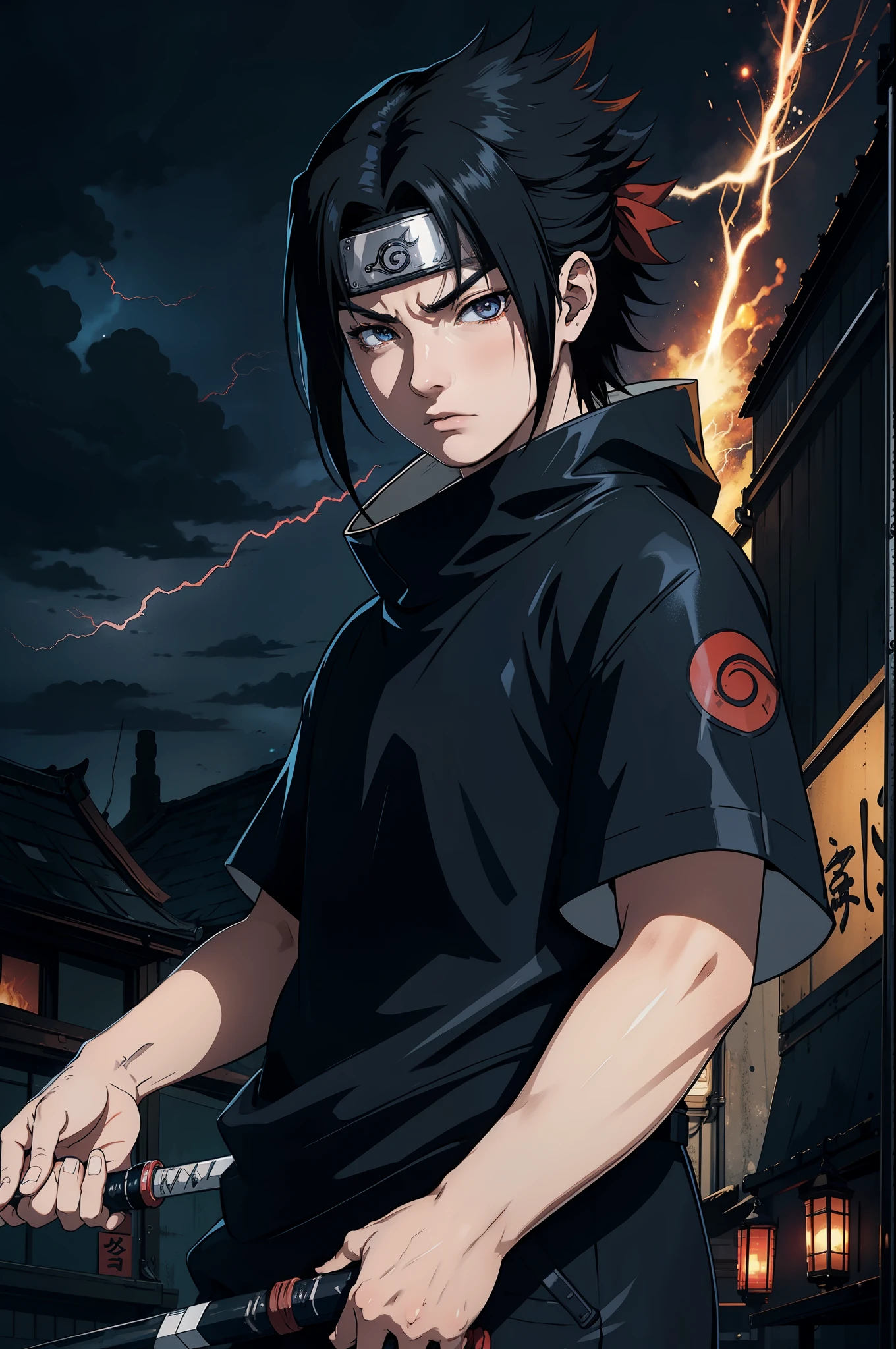 (best quality,highres,realistic:1.2),Uchiha Sasuke,masterpiece,anime,portrait,dark,vivid colors,sharingan,black hair,long and straight hair,expressive eyes,piercing gaze,serious expression,stoic,cool and calm,red and white Uchiha crest on the back,shoulder-length hair,black cloak with high collar and red clouds,traditional Japanese clothing,katana in hand,standing in a dramatic pose,amidst swirling black flames,background of thunderstorm and dark clouds,post-battle scene,strong lighting casting shadows,crackling lightning,haunting atmosphere,sharp focus,extreme detail description