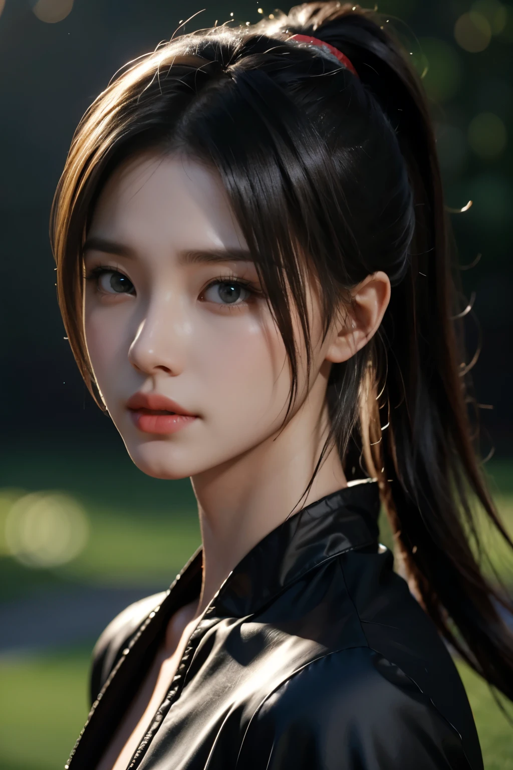 Masterpiece，The best qualities，Very high resolution，8K，((Portrait))，((Head close-up))，Original photo，real photo，数码摄影， (Female assassins in ancient China)，(Girl in tights)，15岁少女，(Facial features rich in detail)，Beautiful pupils，(Long black hair)，优雅高贵，(Calm)，勇敢的，(Black silk onesie，Black silk bodysuit，Black silk cloth)，Female assassins，Killer， 拍照姿势，夜晚的城市背景，Movie lights，Ray tracing，Game CG，((3D Unreal Engine))，oc渲染反射纹理