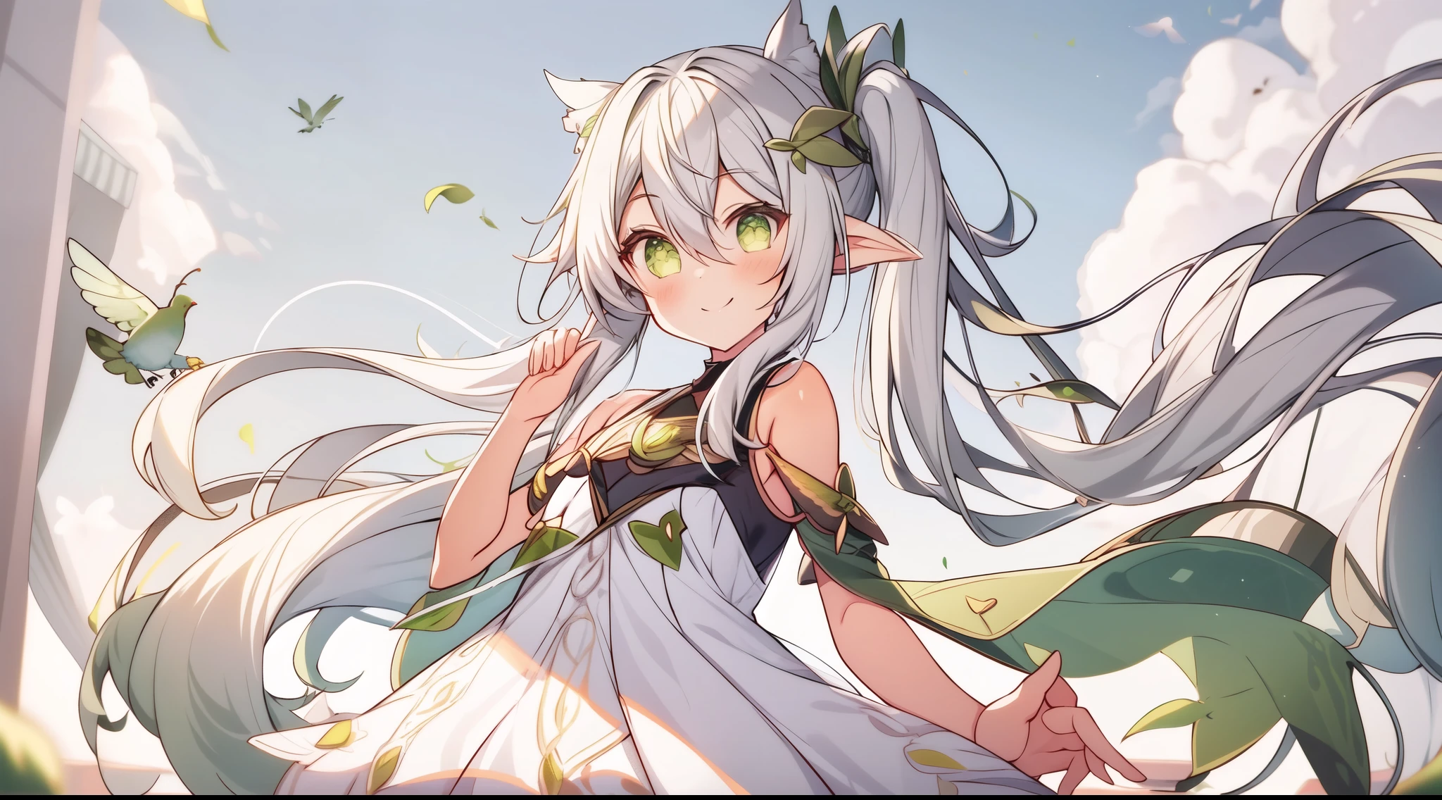 flying at the centre of the sky, bird wings on her back, smile, green eyes, nahida's eyes, solo, Nahida, (white hair), gradient hair, green hair, side ponytail, long hair, banewewegs, flat chest, long white dress, (pointy ears:0.7), CG, skybackground, masterpiece, best quality, thighs, full body, buterflies, extremely details, beautiful hair, 