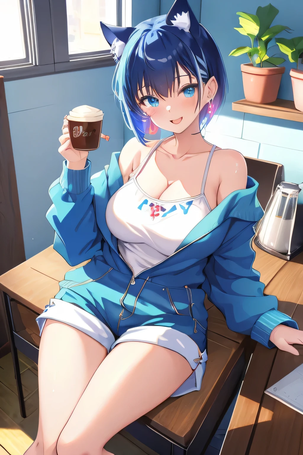 -galgame style, 1girl, digital painting, anime art, anime moe art, blue hair, blue cat ears, solo, short hair, indoors, white shorts, looking at viewer, plant, smile, blue eyes, open mouth, kitchen, shorts, ((holding coffee)), potted plant, breasts, blush, camisole, collarbone, jacket, earrings, jewelry, off shoulder, bangs, bare shoulders, open clothes, masterpiece, best quality, highly detailed