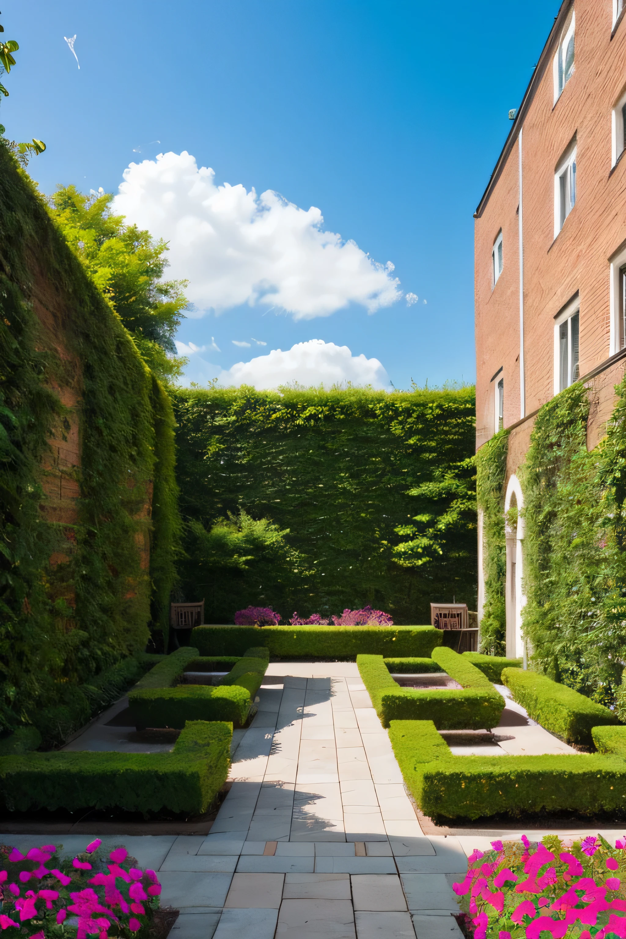 outdoor garden with view into outer space, science fiction, pink planet