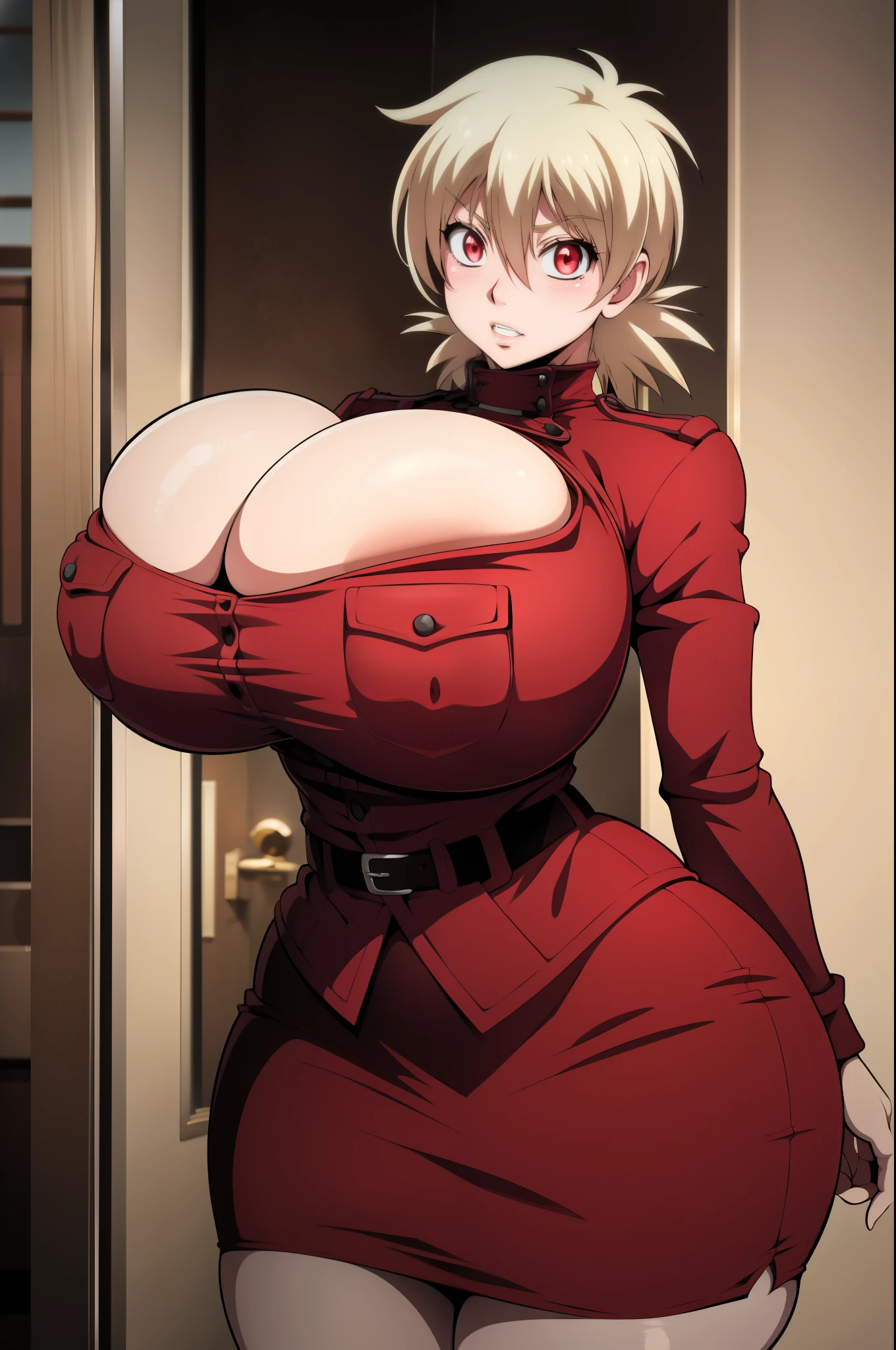 High resolution, Hellsing Ultimate art style, Seras Victoria, 1girl, ((bimbo))), short blond hair, red eyes, puffy lips, thick lips, wide hips, thick thighs, enormous fake breast, huge ass, round fake breasts, romantic cute face, girlfriend, shy, blushing, tight police uniform, red skirt, breasts squeezed together, bursting out of top,
