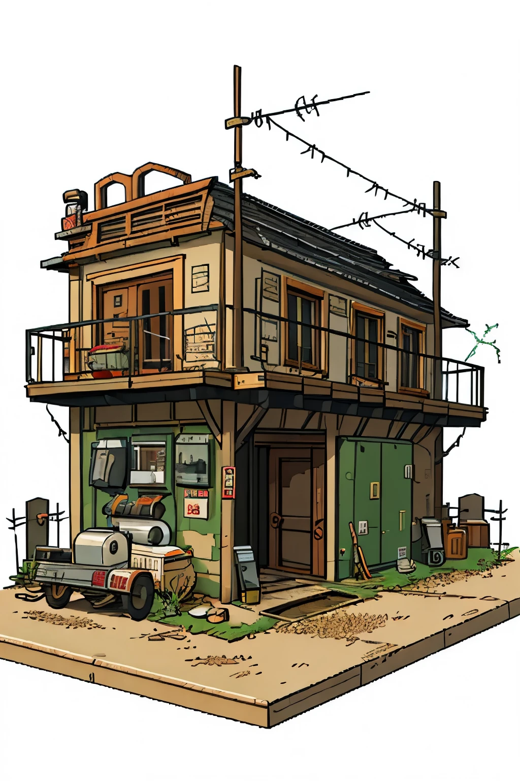 pixel,the girl writes,wanderer in robes, in the cabin of the plane,Small wooden table,sitting on a wooden chair, ruined area, (destroyed house), (sharp iron spikes, tires,barbed wire,Masked wanderer, Reading,potted plant,spear sticks behind your back,((apocalypse style garage,buggy)),sand,White background,(((big iron military , bridge, hangar, electric generator and wires))) 