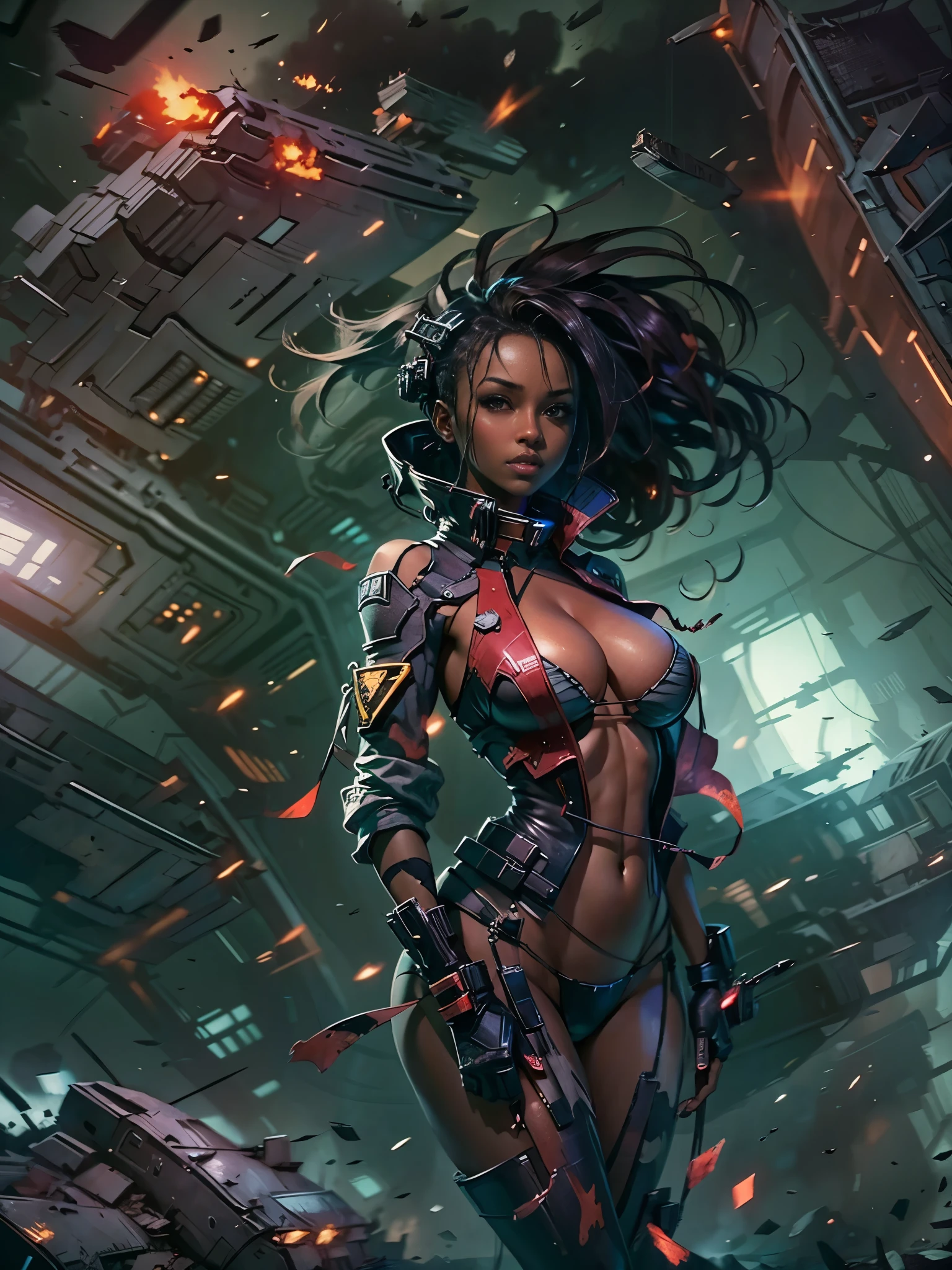 Masterpiece, art, young beautiful woman, dark skin color, flawless skin, smooth skin, very large firm , perfect proportions, space captain, in destroyed spaceship, debris, red alarm lights, fog, sparks, dark, gloomy, bikini outfit, in the future, anime, , , UHD resolution, realistic detail, realistic reflections, realistic shadows, 3D, 