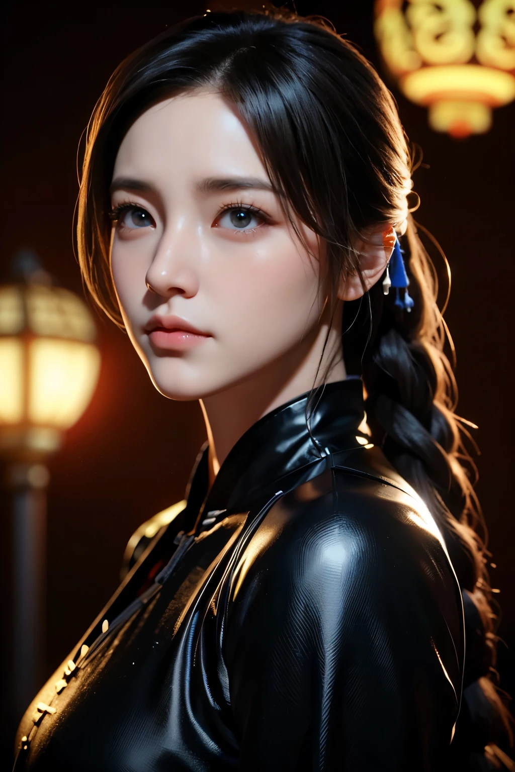 Masterpiece，The best qualities，Very high resolution，8K，((Portrait))，((Head close-up))，Original photo，real photo，数码摄影， (Female assassins in ancient China)，(Girl in tights)，15岁少女，(Facial features rich in detail)，Beautiful pupils，(Long black hair)，优雅高贵，(Calm)，勇敢的，(真丝衣服，丝绸衣服，丝，Black silk onesie，Black silk bodysuit，Black silk cloth，透视装)，Female assassins，Killer，现代人物，现代风格， 拍照姿势，夜晚的城市背景，Movie lights，Ray tracing，Game CG，((3D Unreal Engine))，oc渲染反射纹理