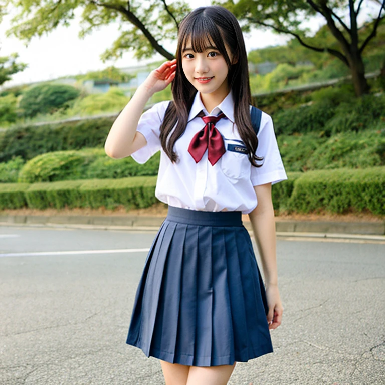 An 18-year-old Japanese girl wears a school uniform with her skirt raised.