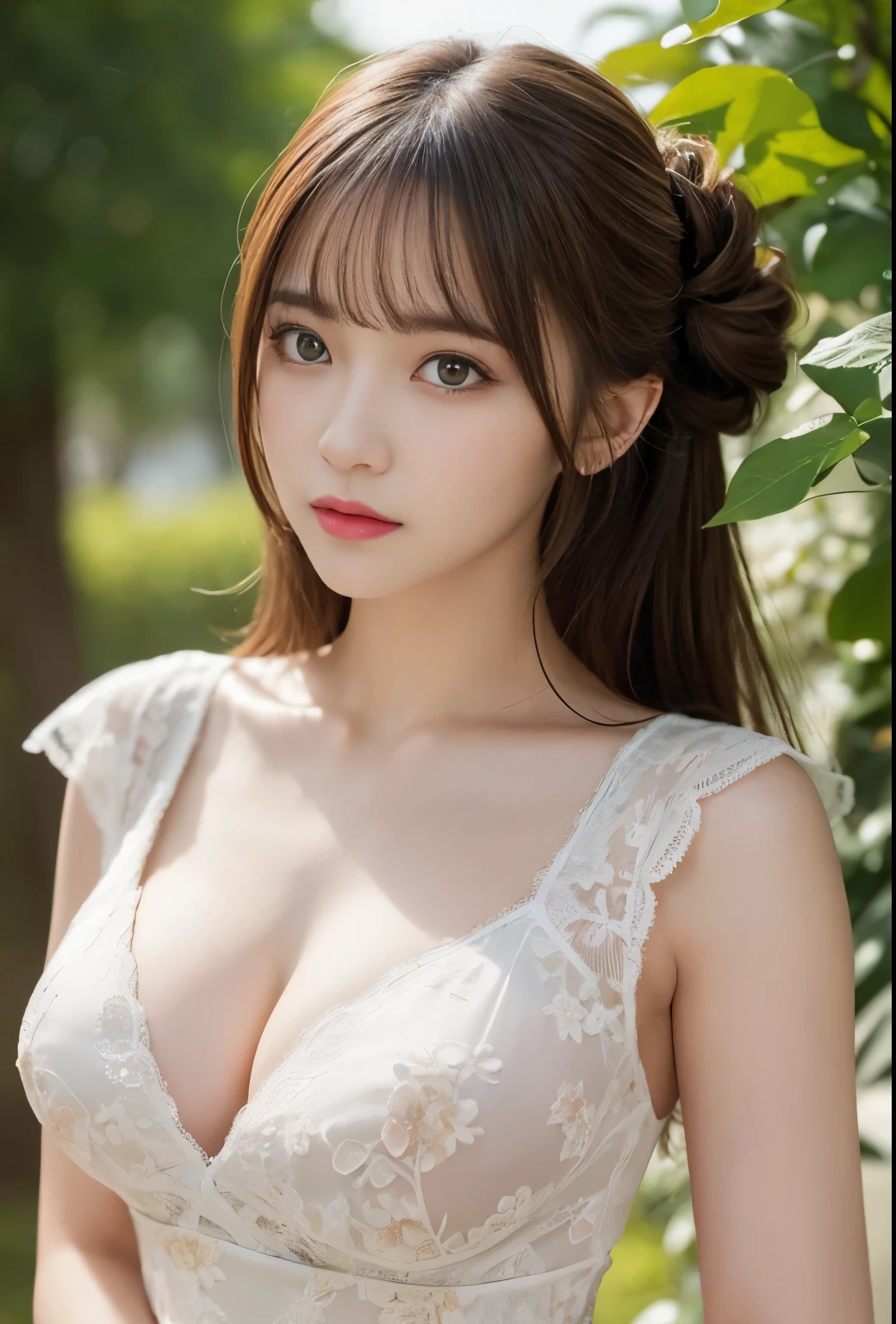 muste piece, highest quality, illustration, super detailed, finely, High resolution, 8k wallpaper, perfect dynamic composition, detailed and beautiful eyes, natural lip, floral pattern dress, Tight and slender body, big breasts, random hairstyles, random natural hair color,random sexy poses, emphasize the chest, thighs,