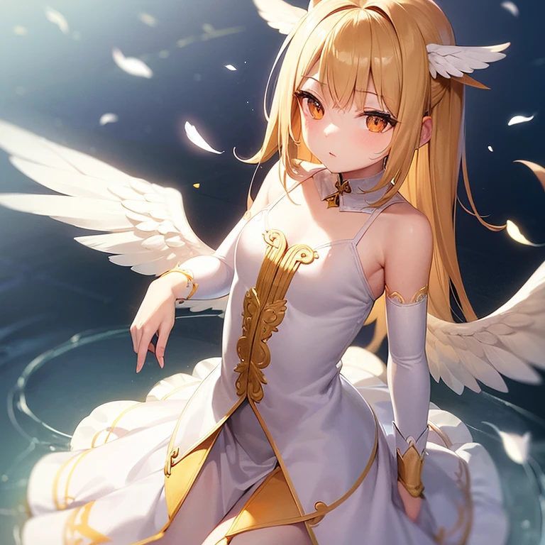  girl. Petite. Angel. Blonde. No halo. White feathery wings. White arm sleeves. Orange eyes. White dress with gold.