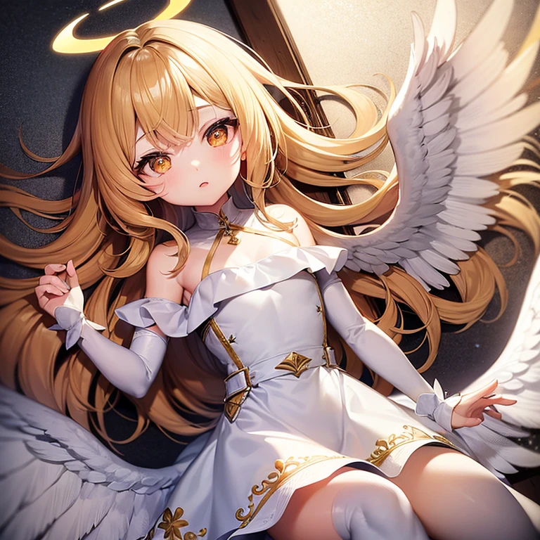 girl. Petite. Angel. Blonde. No halo. White feathery wings. White arm sleeves. Orange eyes. White dress with gold.