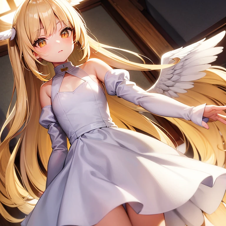 14 year old girl. Petite. Angel. Blonde. No halo. White feathery wings. White arm sleeves. Orange eyes. White dress with gold.