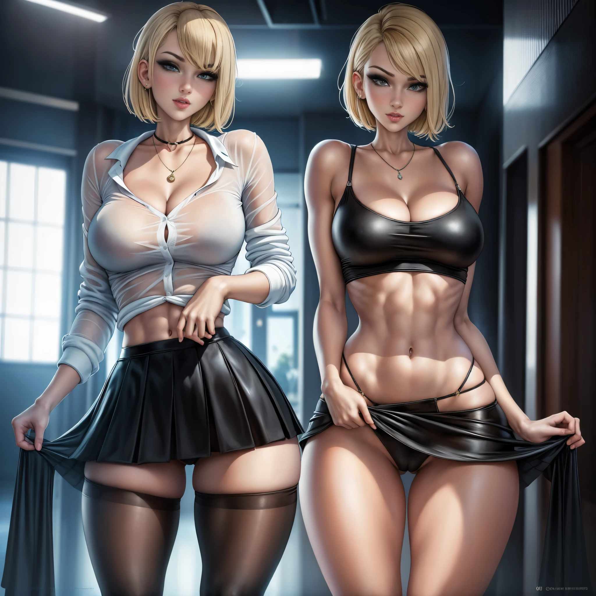 (masterpiece, best quality), intricate details, 1 girl, alone, Super detailed, high resolution, Very detailed, best quality, masterpiece, (), skinny, Most models | artistic sprout, phlegm多phlegm多, phlegm | artistic sprout, style art, Fanart Best Art Site, (Extremely detailed CG unified 8K) a young woman with, beautiful girl (((tights))), (((skirt))), tights上的clothing(Sexy abs) visible, petticoat, merge,, beautiful lights, ((short hair)) Tomboyish, Bangs, s eyes, soft skin, smooth, ((wet_clothing)), necklace, full body lesbian, (Thigh mucus), ((perfect female face)), (((crotch))), White and{ Plump and sexy lips_visible groove thigs), (Put your hands on the hair on your chest