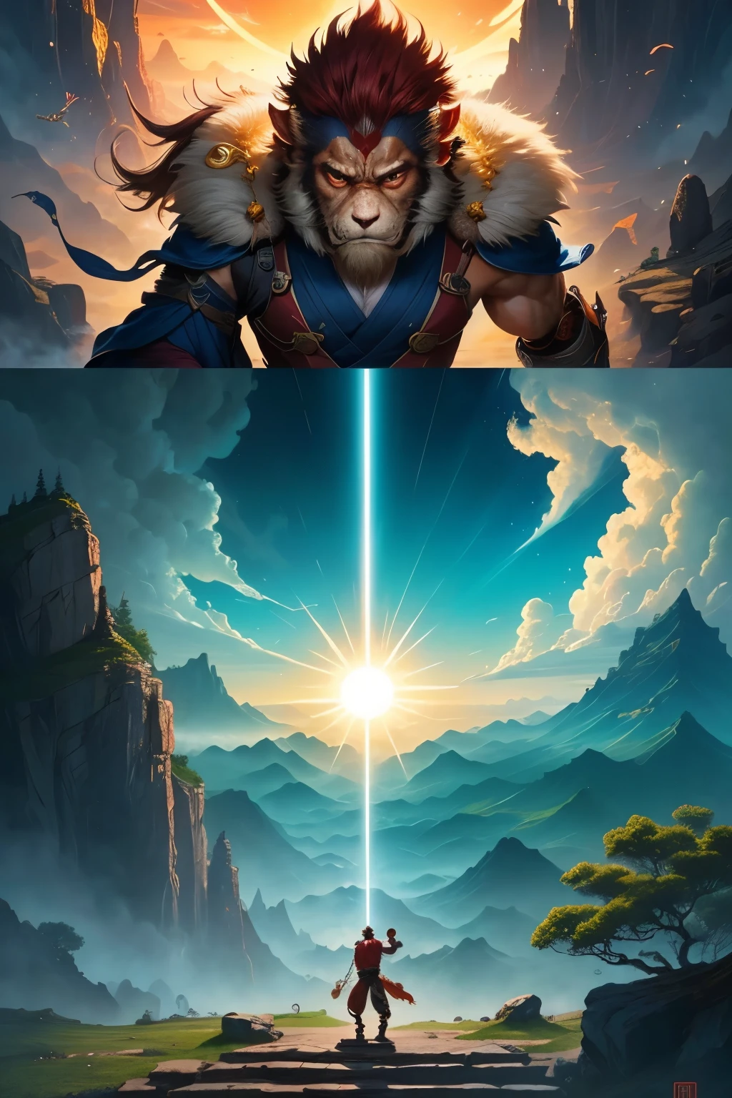 Ancient Chinese comic style journey to the west Sun Wukong was crushed under the Five Elements Mountain,This plot is the price of his rebelliousness.,It is also a reflection of his ability。This section also embodies the principle that the strong has its own strong hand.。