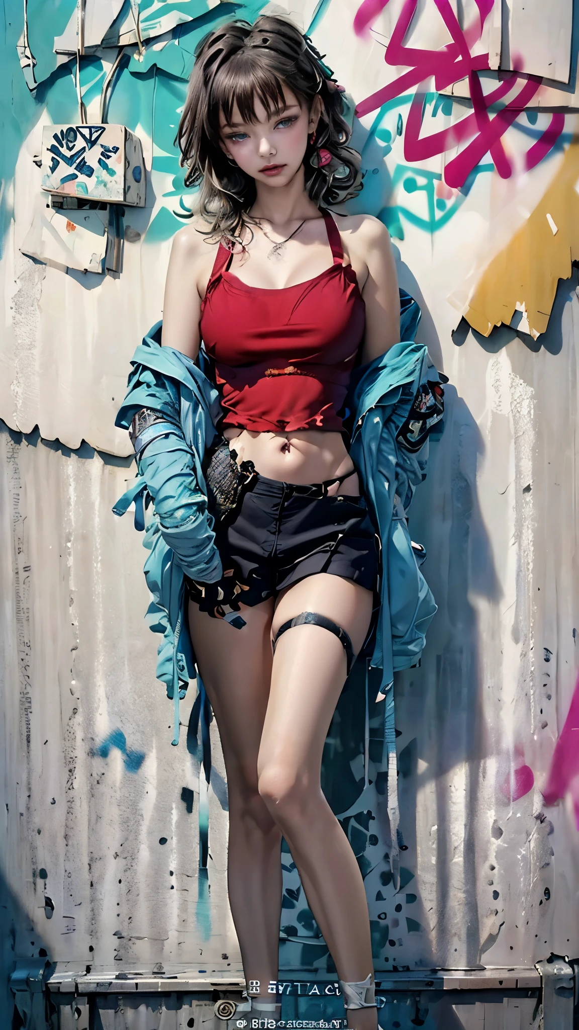 ultra realistic 8k cg, ((masterpiece magazine cover)), ((ultra detailed background, delicate pattern, intricate detail)), (highly detailed, fine detailest quality, (photorealistic:1.4),beautiful lighting, masterpiece, best quality, 1 sexy Cyberpunk girl, solo, Harajuku jacket and clothing, skintight catsuit, Cyberpunk combat armorîn ju .(graffiti:1.5), against wall, looking at viewer, armband, thigh strap, head tilt, bored, black hair, aqua eyes, headset, Jennie Kim.