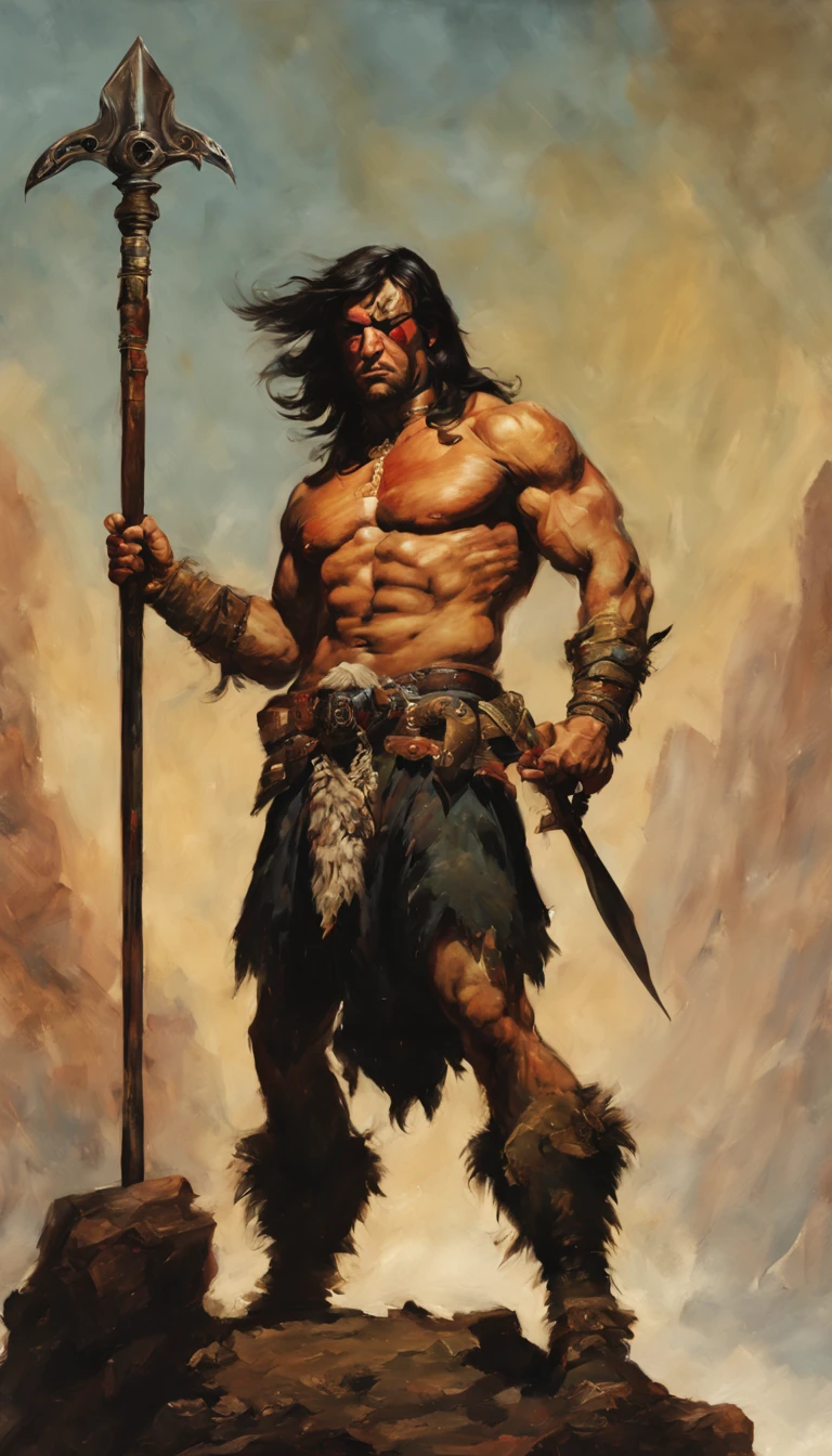 (painting of frank frazetta),(inspired by frank frazetta:1.2),fantasy theme,(oil painting),a brave giant,((floating long black hair decorated with red featherloody eyes,shiny skin,highly naked,strong,muscular,handsome,(Hair with long red feathers),tattooed, body,boots,cold weapon,wild place background with spear,skulls and crossbones spread on the field,.,(fighting scene:1.1),((epic:1.1)),(Grand and solemn:1.1),((An atmosphere of terror)),the giant fighting with a hyena and lion from out planet,(masterpiece),(best quality:1.2),official art,(extremely detailed CG unity 8k wallpaper),(photorealistic:1.4),ultra high res,close up,with giant as the main body,low key,dark light,cinematic light,dim light,heavy shadow,solo,
