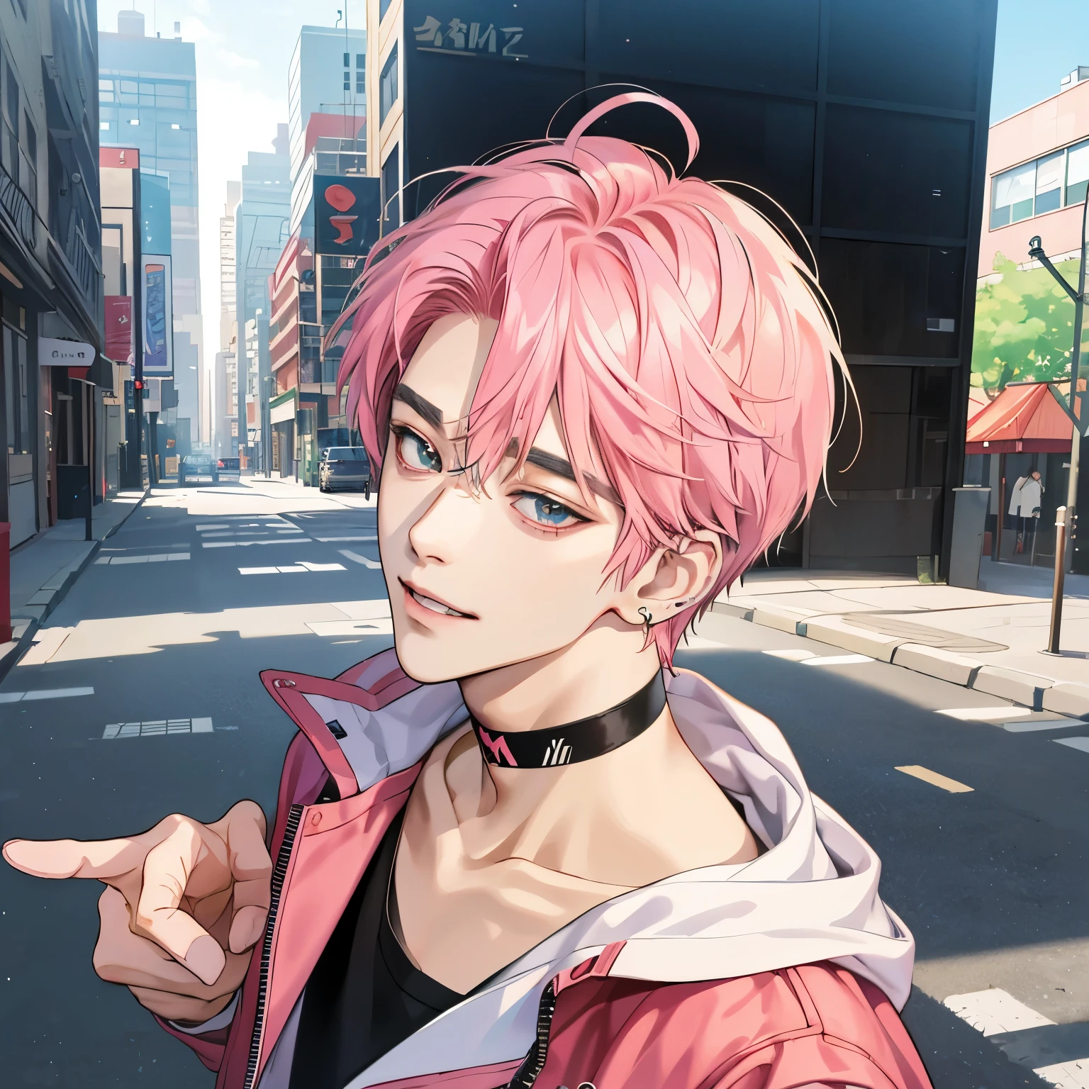 Guviz-style artwork, Made at Anime Painter Studio, anime realismスタイル, realistic anime art style, Drawn at Anime Painter Studio, Inspired by Kim Taehyung, In an anime style, anime handsome guy, Inspired by Kim Taehyung, anime realism、pink hair、A sloppy smile、choker、Multiple piercings、Man with short hair、Male one、Inspired by Kim Taehyung、Completely naked、cityscape、City of the Day