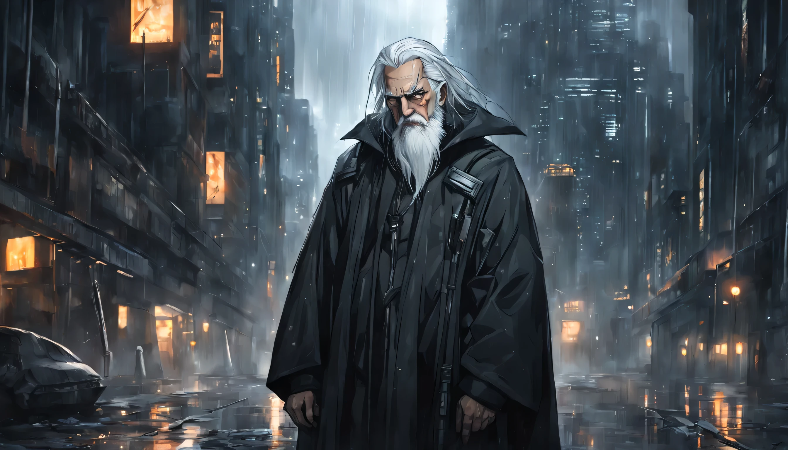 portrait of realistic a master named (Albert) who is old, wears a black cloak, white beard, long white hair, short, many scars, is in a very dark abandoned futuristic city, rainy night