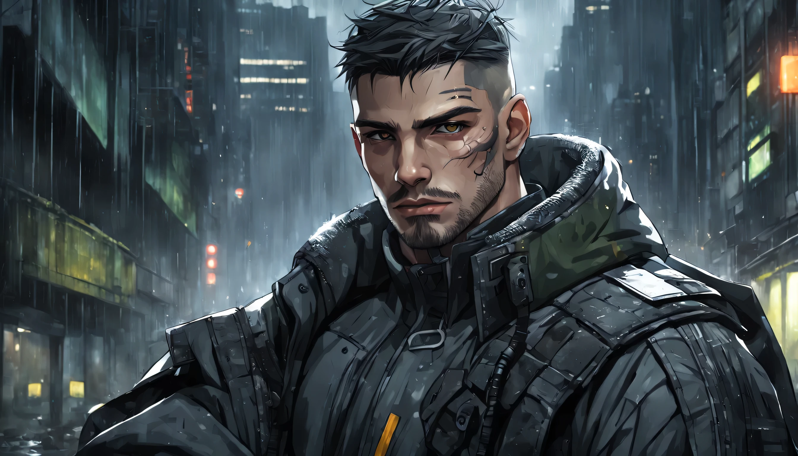 portrait of a (realistic) mysterious student is named (Antonio)) strong, military type man, ((masculine)), wears baggy clothes, has a small beard, ((thick neck)), big, buzz cut hair, many scars on face, in very dark abandoned futuristic city, rainy night

