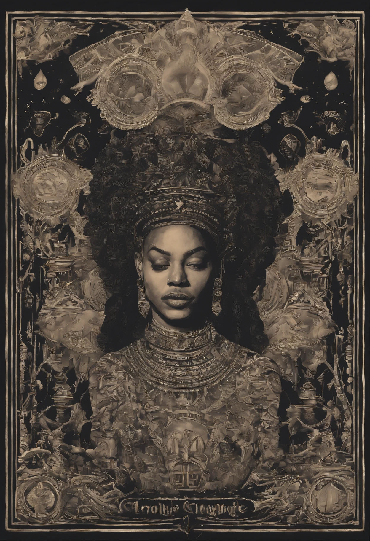 Large black woman sitting naked on a throne while many white men bow down to her