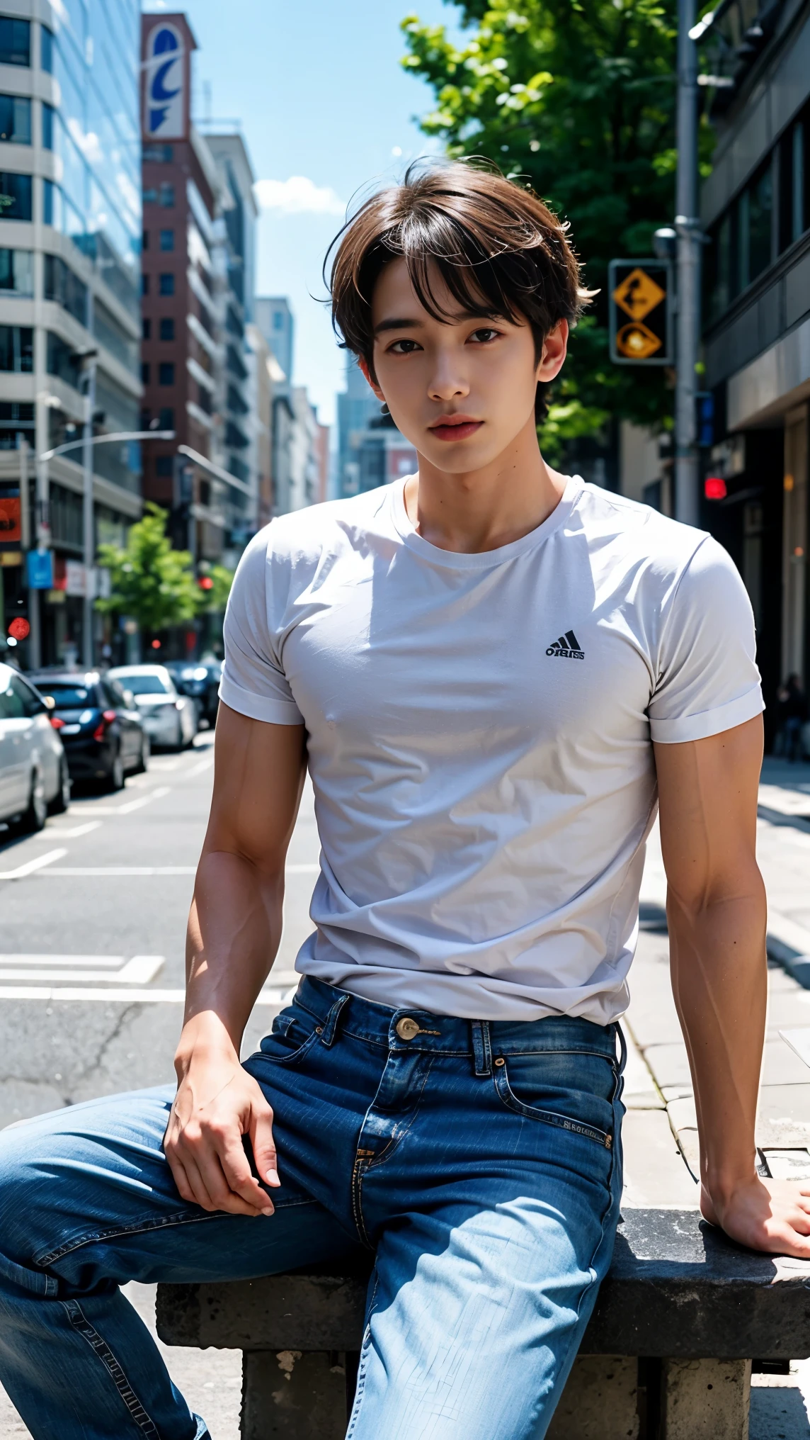 shirtless man、muscular、white shirt、denim pants、Sunny city、sit on a bench