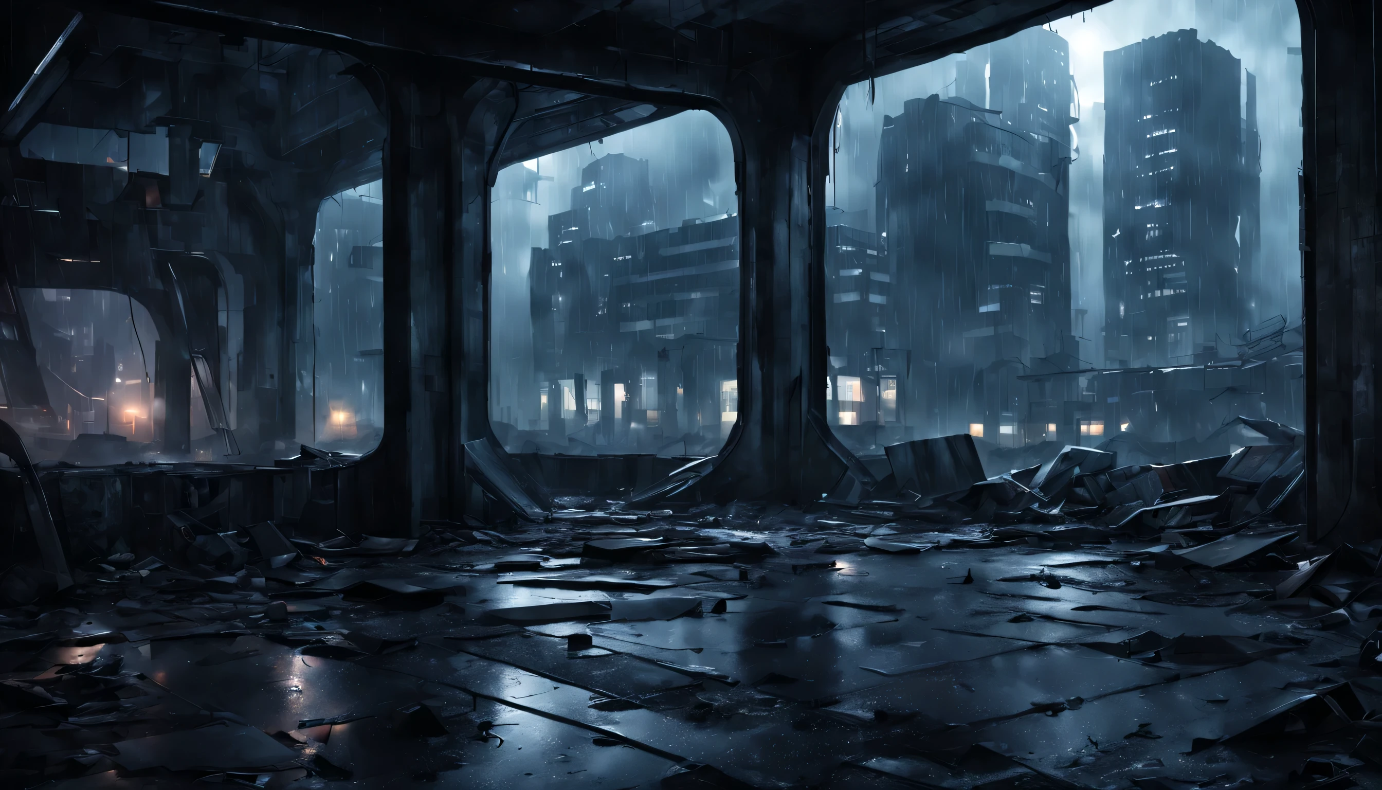 a dark abandoned very spacious area and broken windows, background is a very dark abandoned futuristic city, rainy night