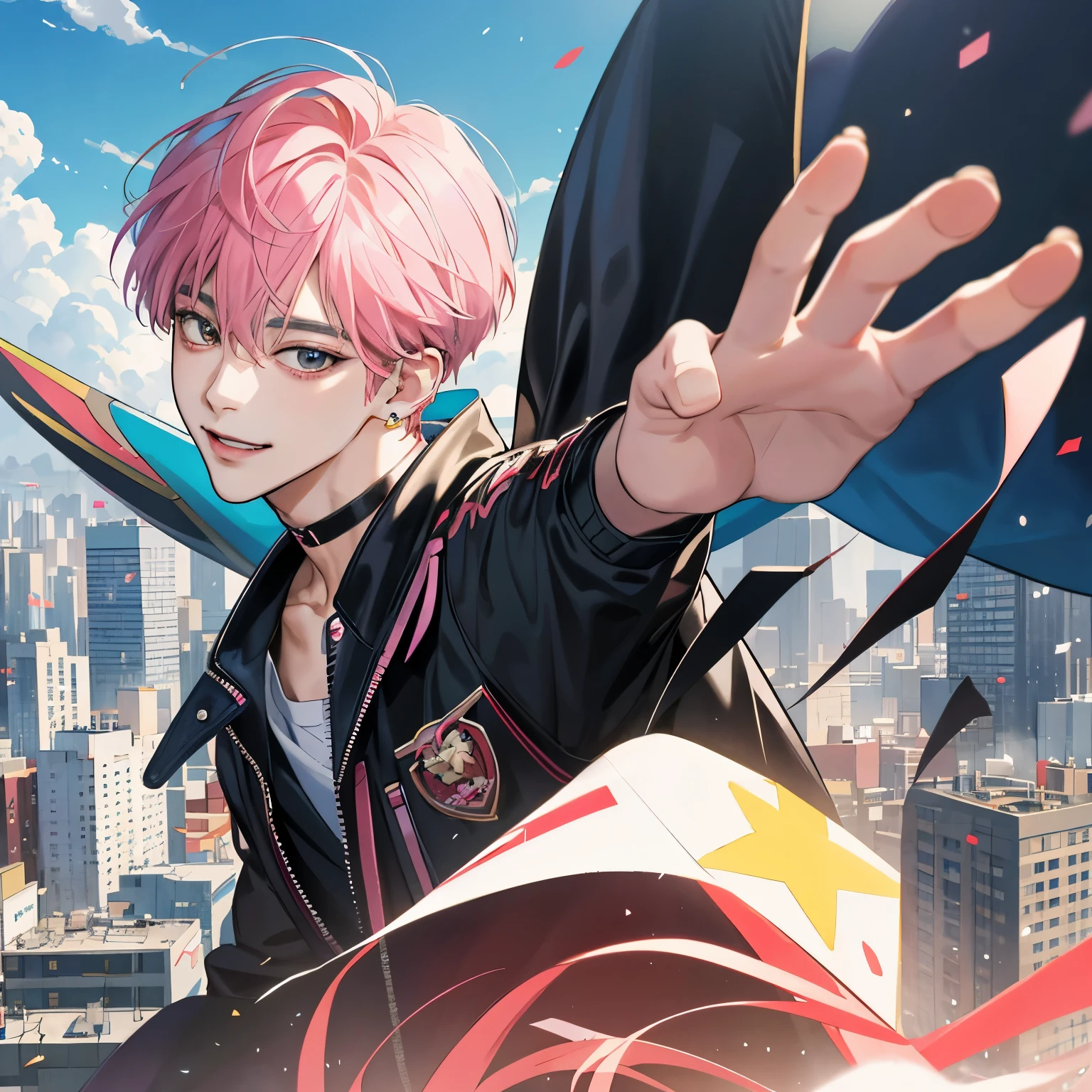 Guviz-style artwork, Made at Anime Painter Studio, anime realismスタイル, realistic anime art style, Drawn at Anime Painter Studio, Inspired by Kim Taehyung, In an anime style, anime handsome guy, Inspired by Kim Taehyung, anime realism、pink hair、A sloppy smile、choker、Multiple piercings、Man with short hair、Male one、Inspired by Kim Taehyung、Completely naked、cityscape、City of the Day