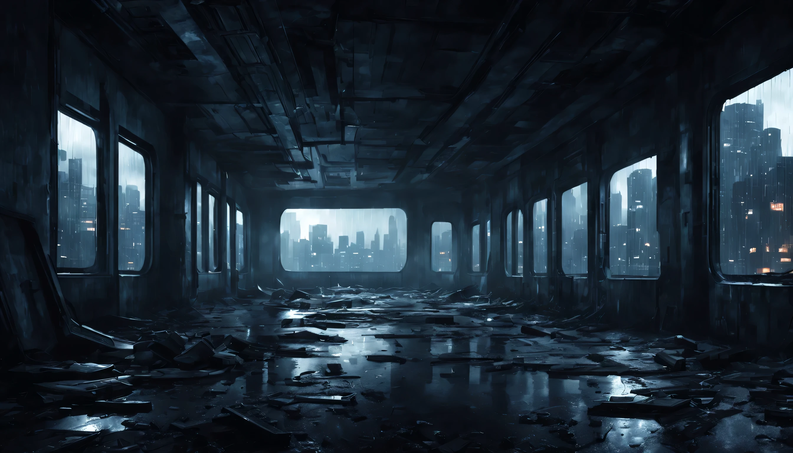 a dark abandoned very spacious area and broken windows, background is a very dark abandoned futuristic city, rainy night
