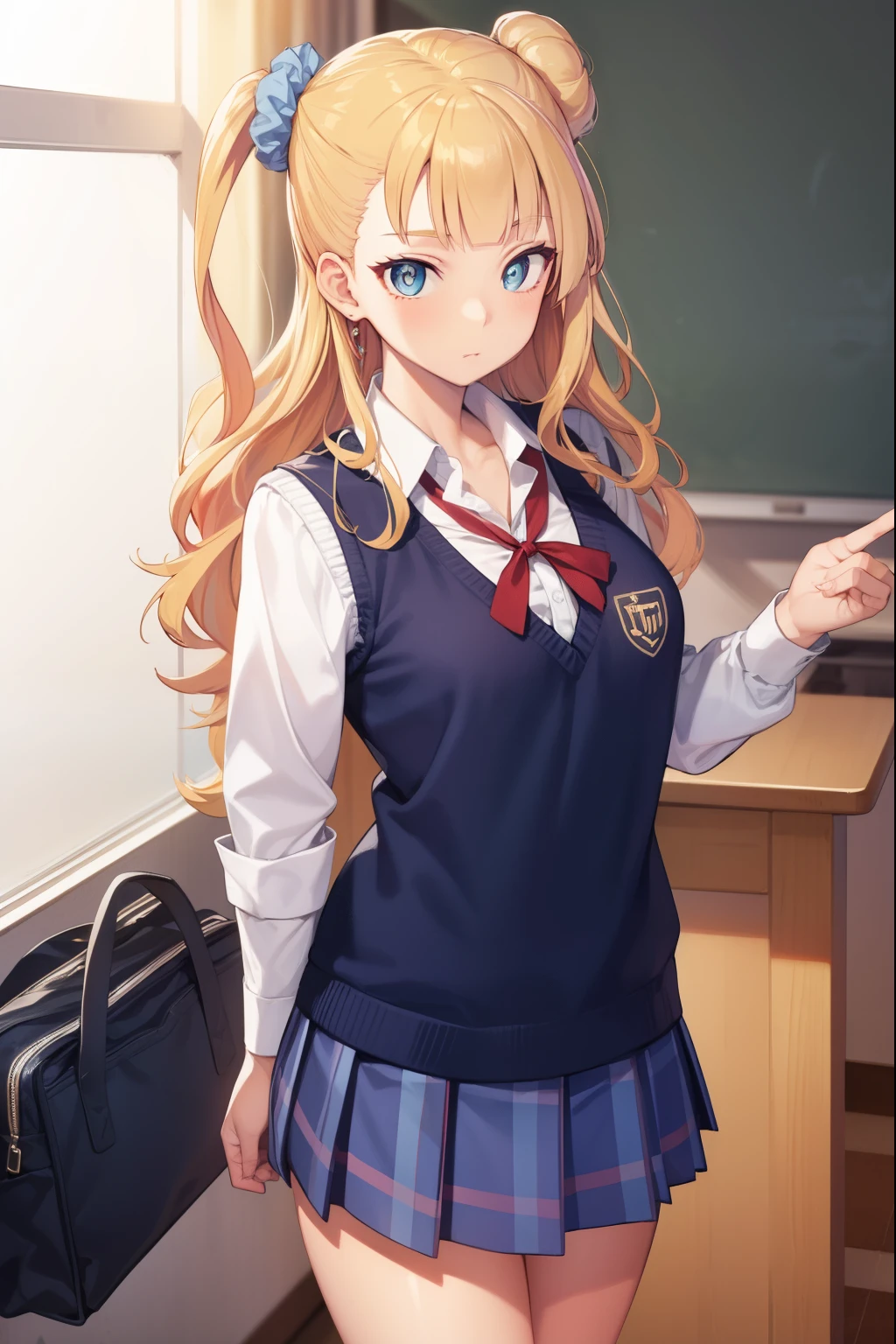 galko, galko, blonde hair, blue eyes, hair bun, hair ornament, hair scrunchie, long hair, one side up, scrunchie, side ponytail, single hair bun,
BREAK earrings, jewelry, pleated skirt, school uniform, skirt, sleeves rolled up, sweater vest,
BREAK looking at viewer, full body,
BREAK indoors, classroom,
BREAK (masterpiece:1.2), best quality, high resolution, unity 8k wallpaper, (illustration:0.8), (beautiful detailed eyes:1.6), extremely detailed face, perfect lighting, extremely detailed CG, (perfect hands, perfect anatomy),