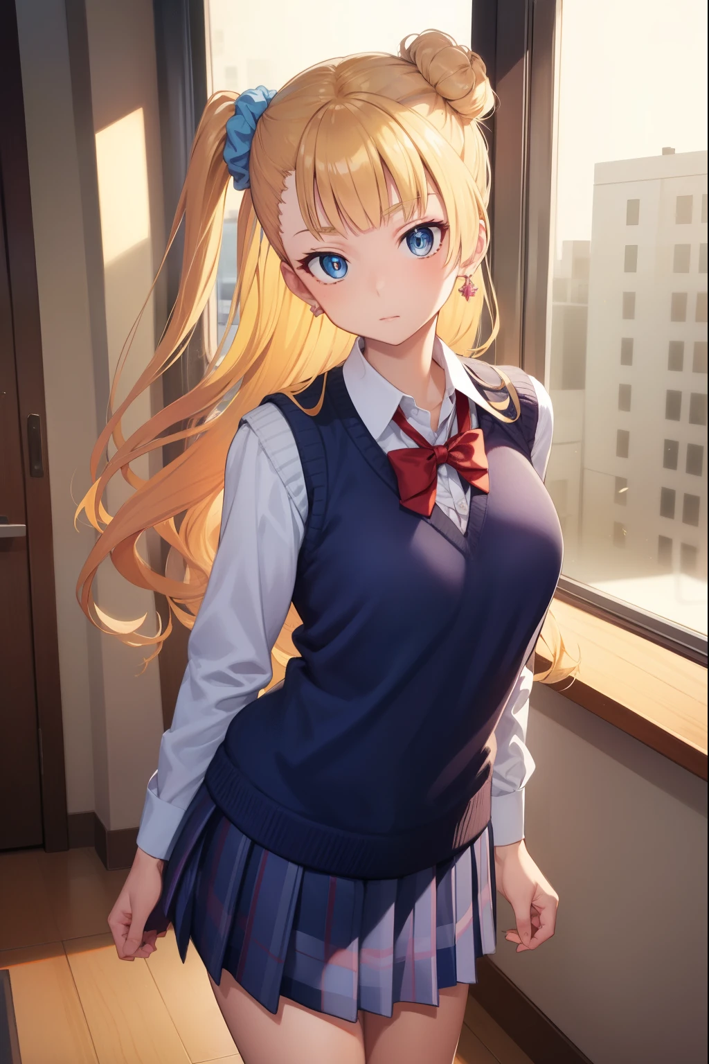 galko, galko, blonde hair, blue eyes, hair bun, hair ornament, hair scrunchie, long hair, one side up, scrunchie, side ponytail, single hair bun,
BREAK earrings, jewelry, pleated skirt, school uniform, skirt, sleeves rolled up, sweater vest,
BREAK looking at viewer, full body,
BREAK indoors, classroom,
BREAK (masterpiece:1.2), best quality, high resolution, unity 8k wallpaper, (illustration:0.8), (beautiful detailed eyes:1.6), extremely detailed face, perfect lighting, extremely detailed CG, (perfect hands, perfect anatomy),