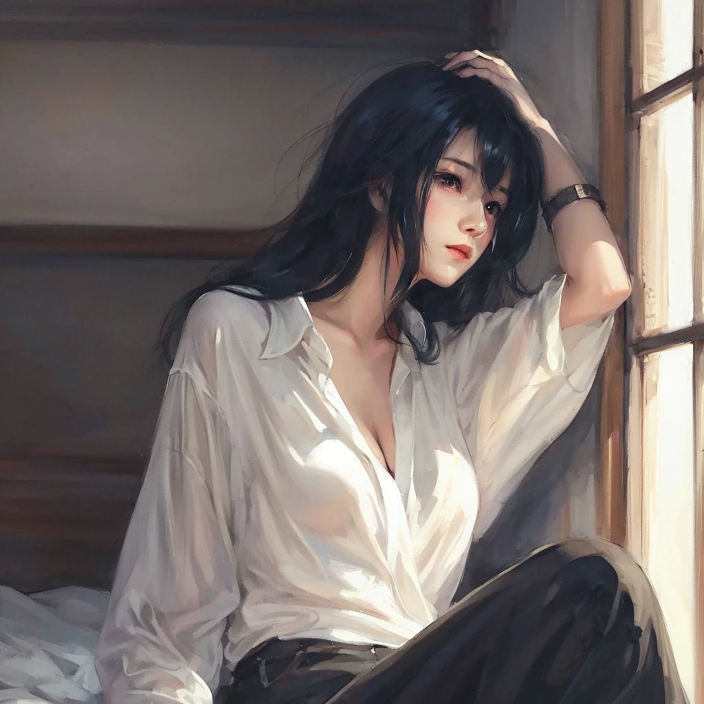 Painting of a woman wearing a white shirt sitting on the bed, guweiz style artwork, guweiz, Ilya Kuvshinov long hair, Gurwitz Masterpiece, Ilya Kuvshinov landscape, guweiz on artstation pixiv, guweiz on pixiv artstation, Digital Art Ilya Kuvshinov