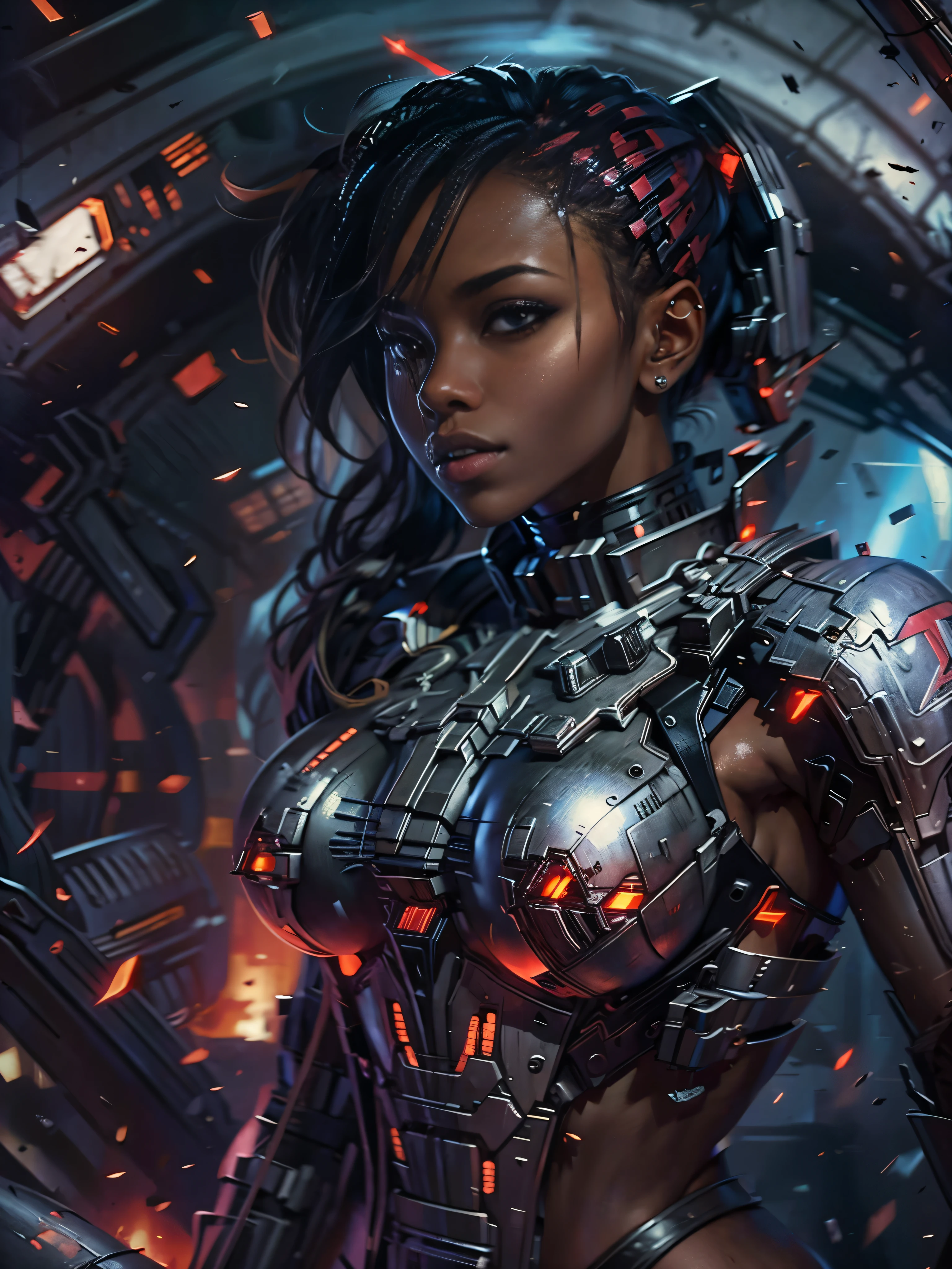 Masterpiece, art, young beautiful woman, dark skin color, flawless skin, smooth skin, very large firm breasts, perfect proportions, space captain, in destroyed spaceship, debris, red alarm lights, fog, sparks, dark, gloomy, bikini outfit, in the future, anime, sexy, erotic, UHD resolution, realistic detail, realistic reflections, realistic shadows, 3D,