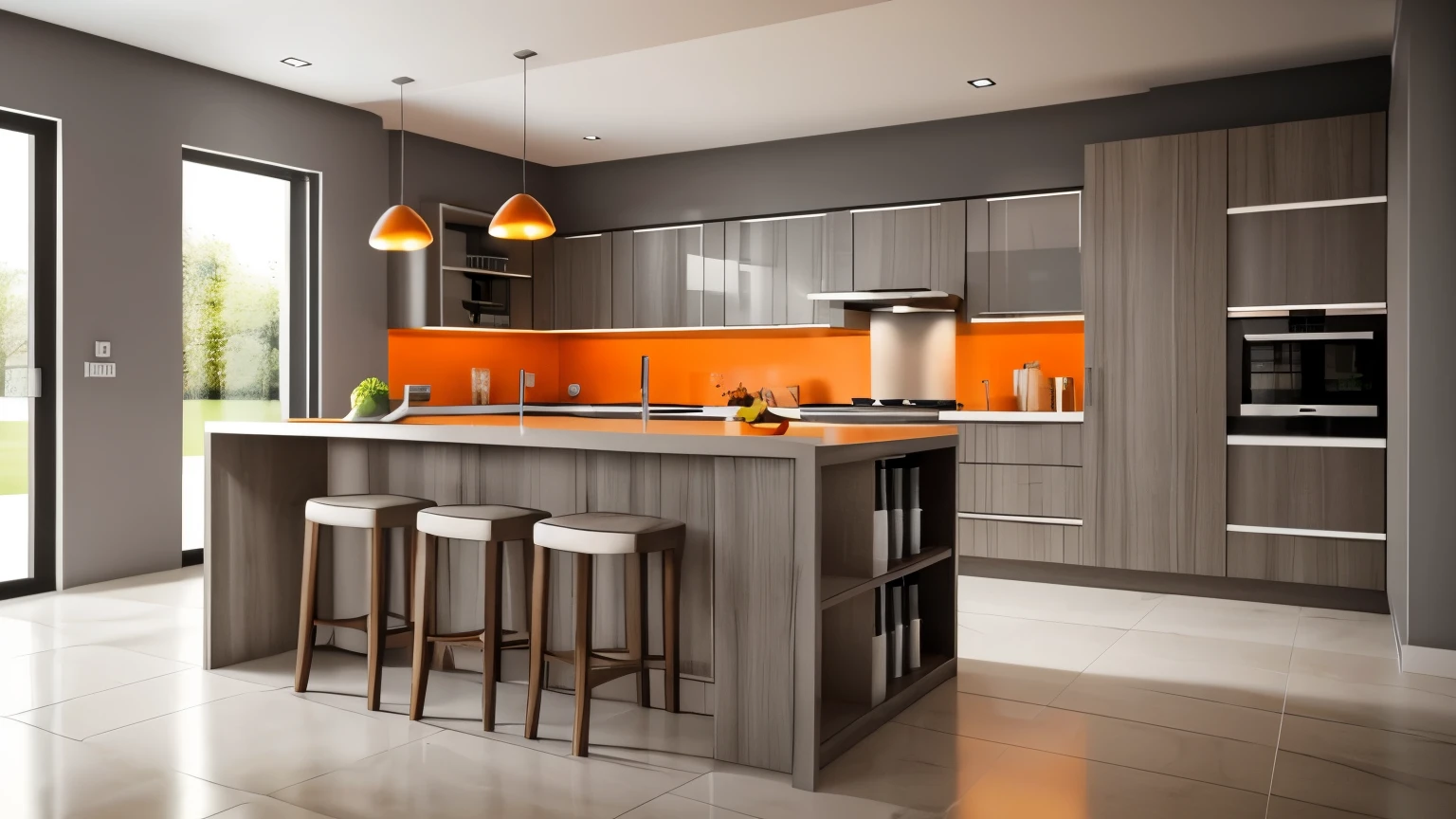 very highquality ,4k. Home interior photos with polished grey wooden textured  furniture in kitchen with slightly bit vibrant orange lighting