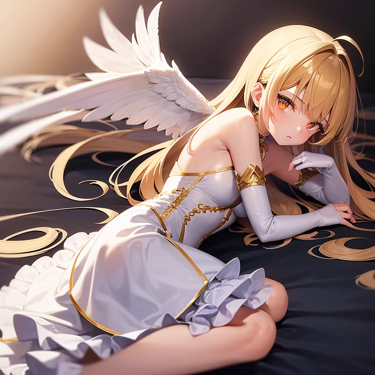 girl. Petite. Angel. Blonde. No halo. White feathery wings. White arm sleeves. Orange eyes. White dress with gold.
