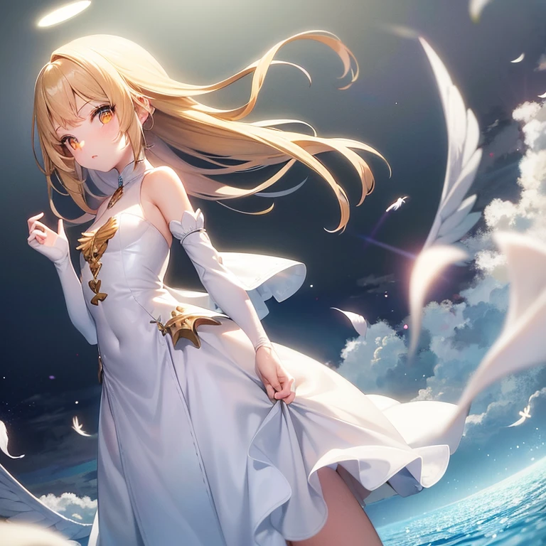 14 year old girl. Petite. Angel. Blonde. No halo. White feathery wings. White arm sleeves. Orange eyes. White dress with gold.